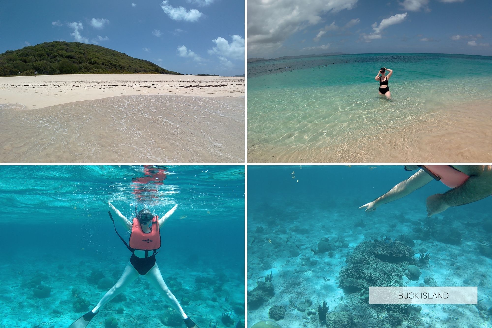 Collage of four photos: a view of a white sand beach with a small green hill in the background; Alyssa standing in the blue-green water; Michael pointing to some fish underwater; Alyssa holding out her arms and legs in the water in a shape of an X