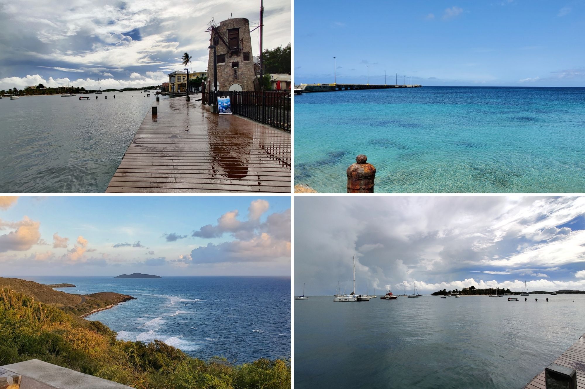 View of the shore and boardwalks and boats in St. Croix