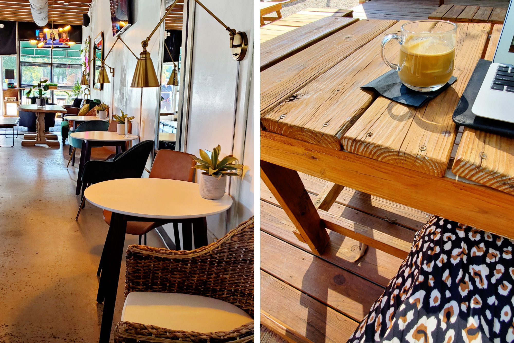A grid of two vertical photos: on the left is the interior of a bar with cafe tables, chairs, lamps, and plants in a very trendy style; on the right is a view of a pallet table with a laptop and coffee on top. You can see a bit of Krystal's skirt in the photo.