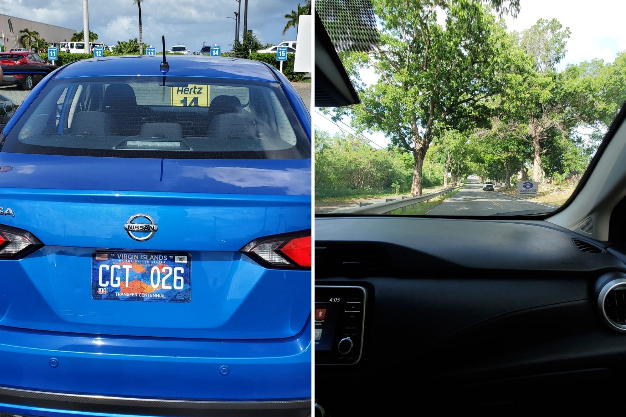 Left: A blue sedan. Right: driving on the left down a tree-lined road.