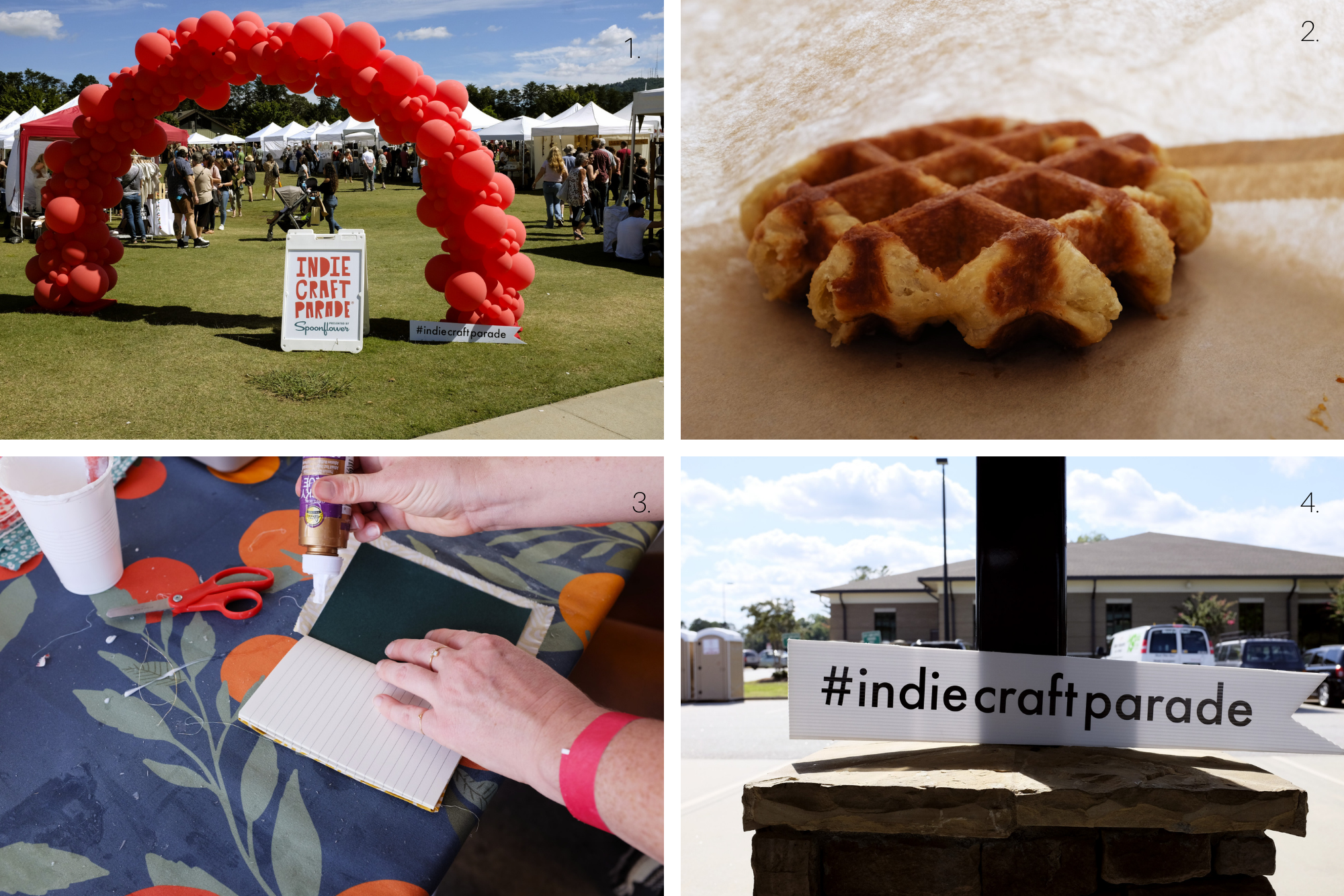 Image collage, clockwise from top left: a red balloon arch and a sandwich board that reads "Indie Craft Parade" in front of the festival, a waffle in a brown paper wrapper, a cardboard banner that reads #indiecraftparade, and a crafting station with fabric-covered notebooks