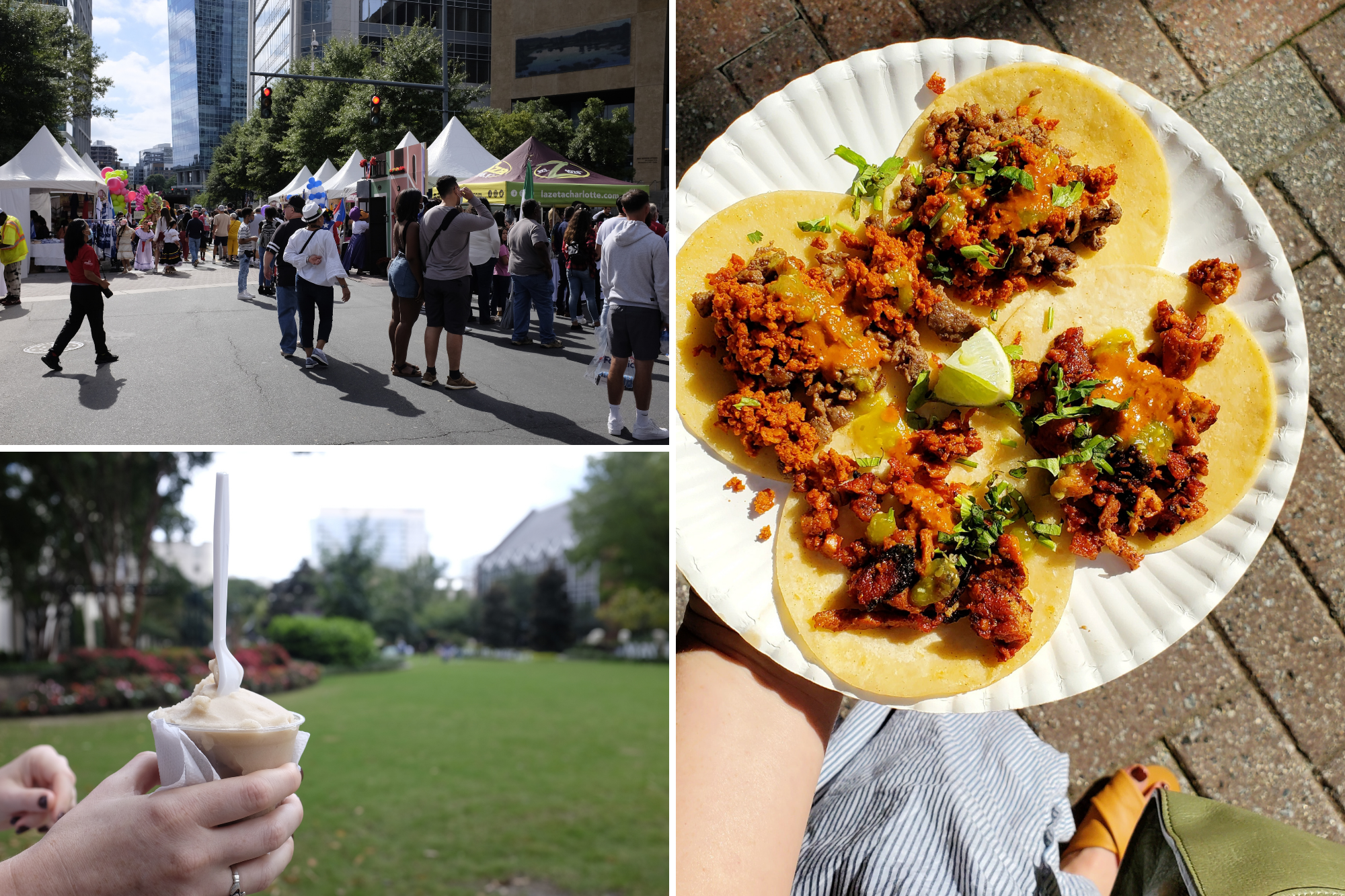 Grid image of festival-goers and tents lining the street; a plate of tacos; and a tamarind frozen dessert in a cup with a spoon