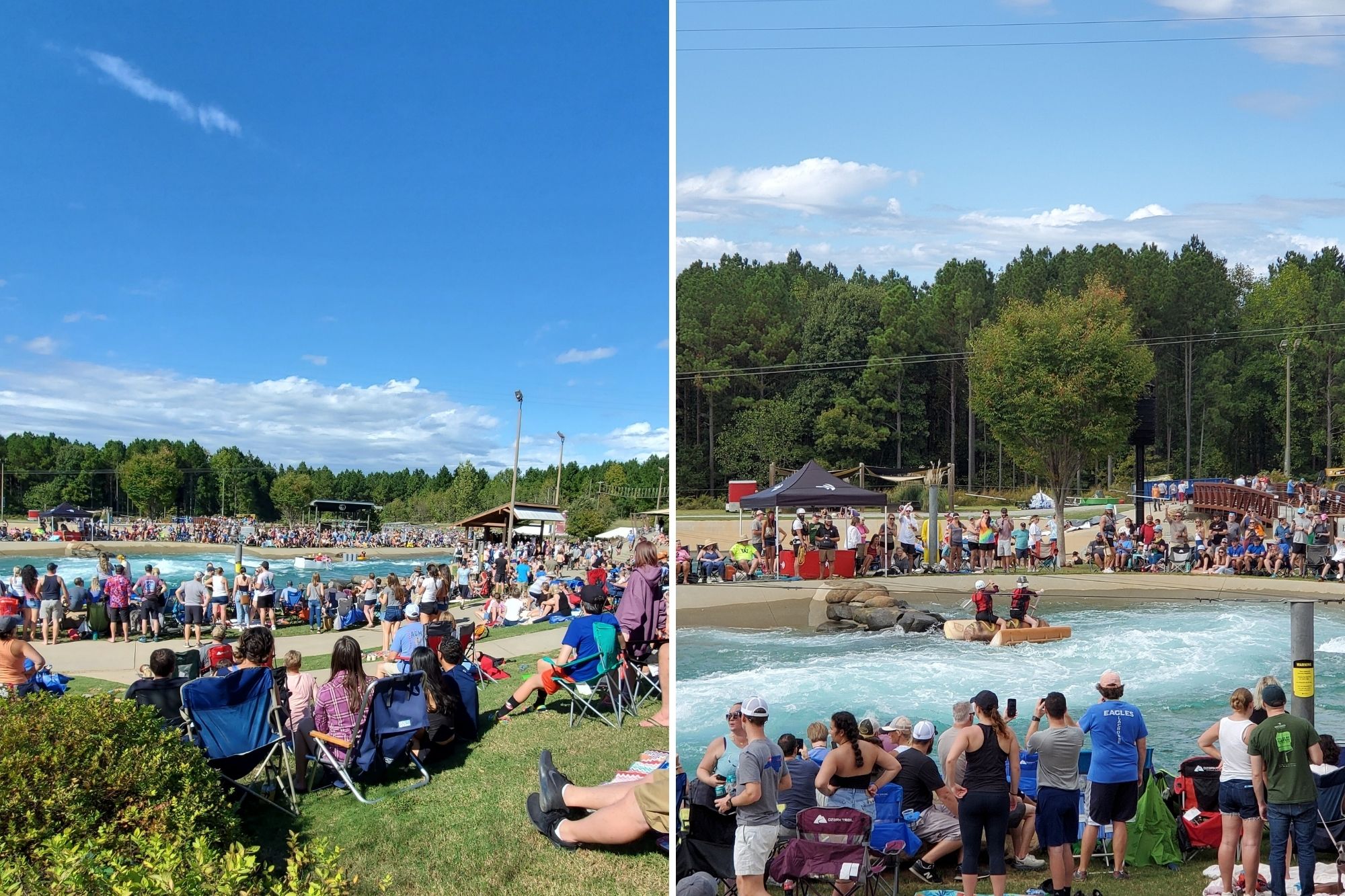 Two images of a crowd watching the Build Your Own Boat at the Whitewater Center. One boat is a white rectangular vessel, and the other looks like a hot dog.