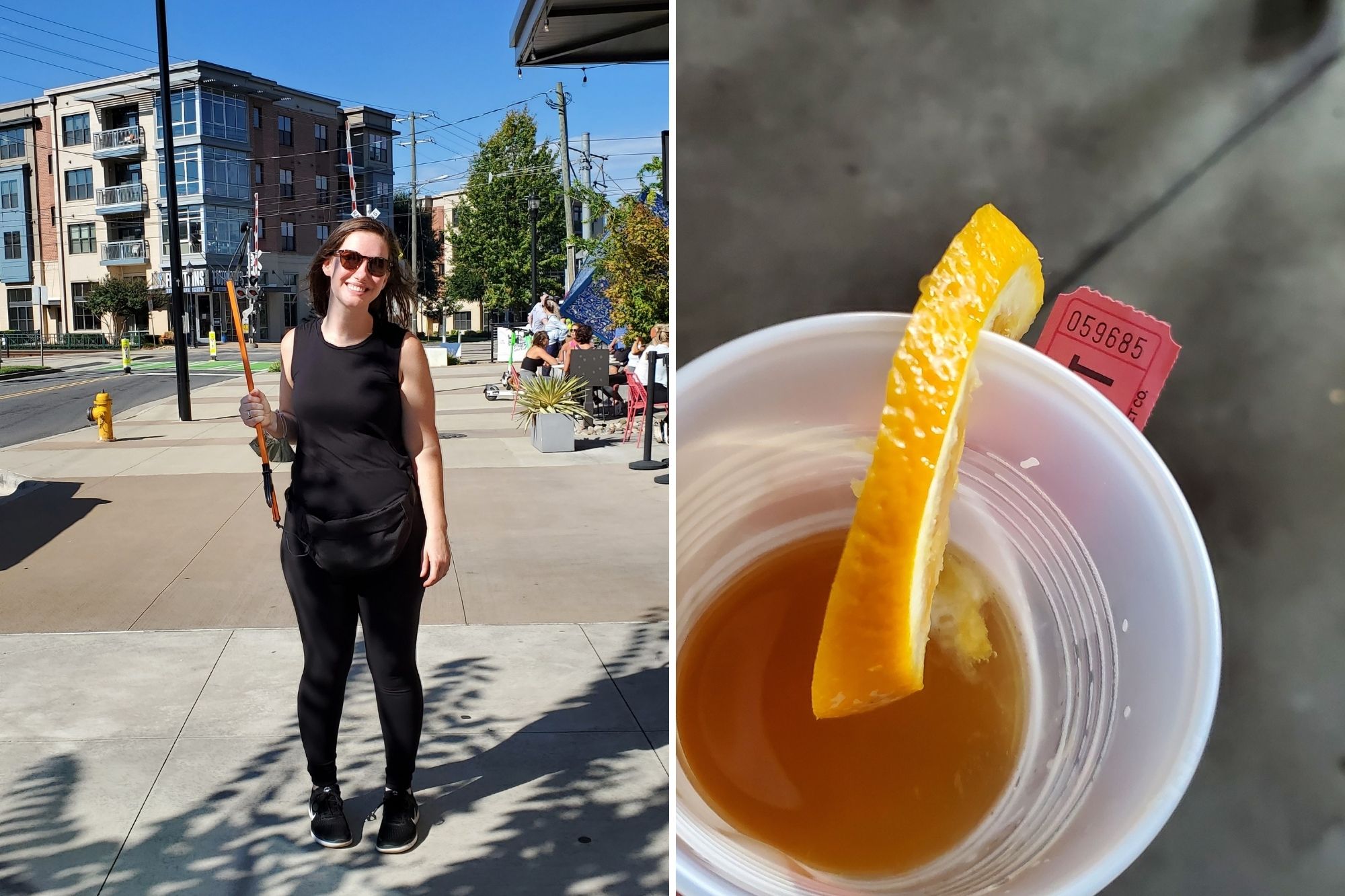 A collage of two photos: In one, Krystal is wearing all-black and standing in front of the light rail train station holding a trash picker triumphantly. In the other is a top-down view of a beer with an orange slice and a raffle ticket.
