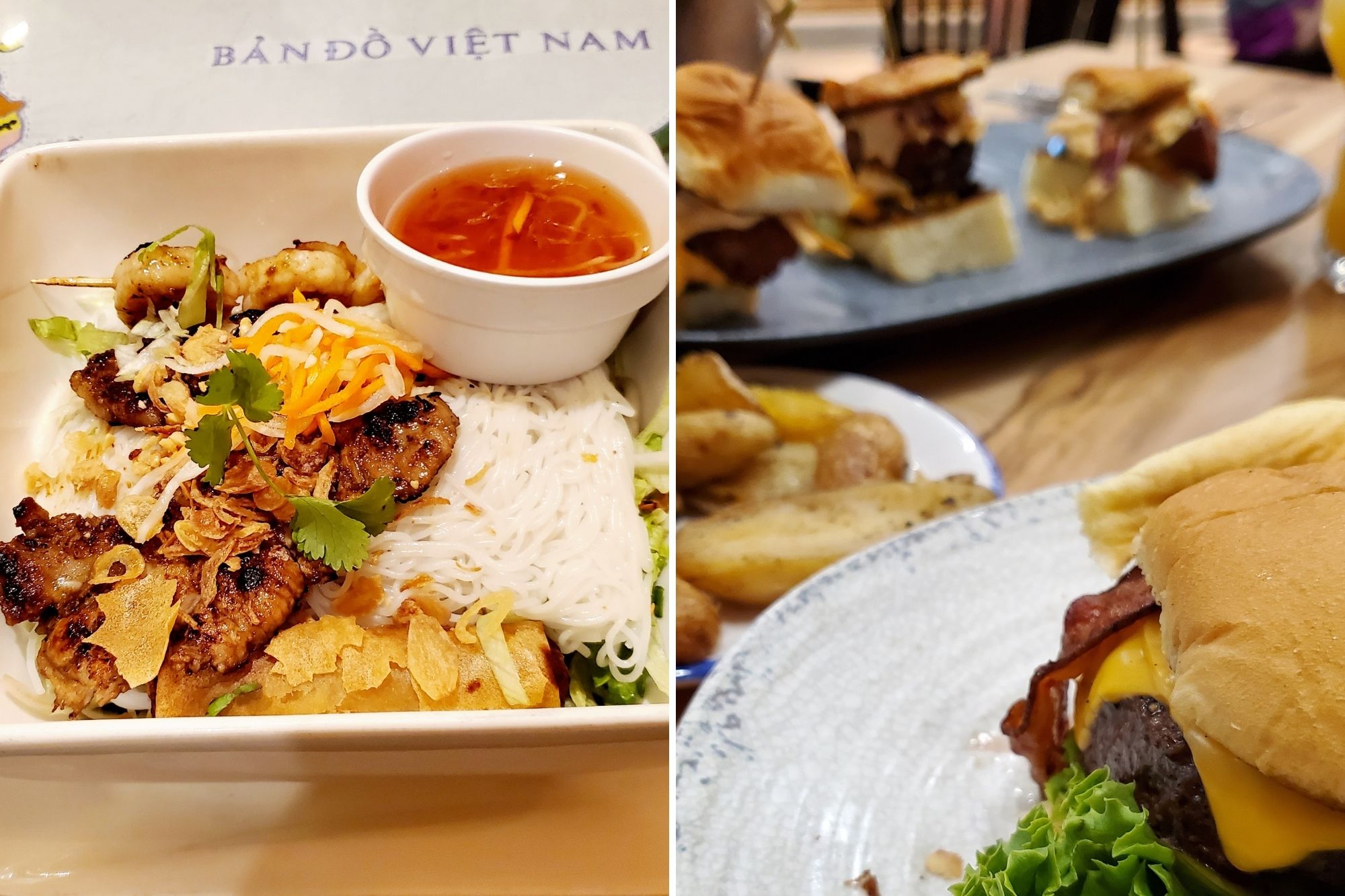 two photo collage: a rice noodle dish with meat and sauce on the left; and a hamburger, potato tray, and sliders on the right
