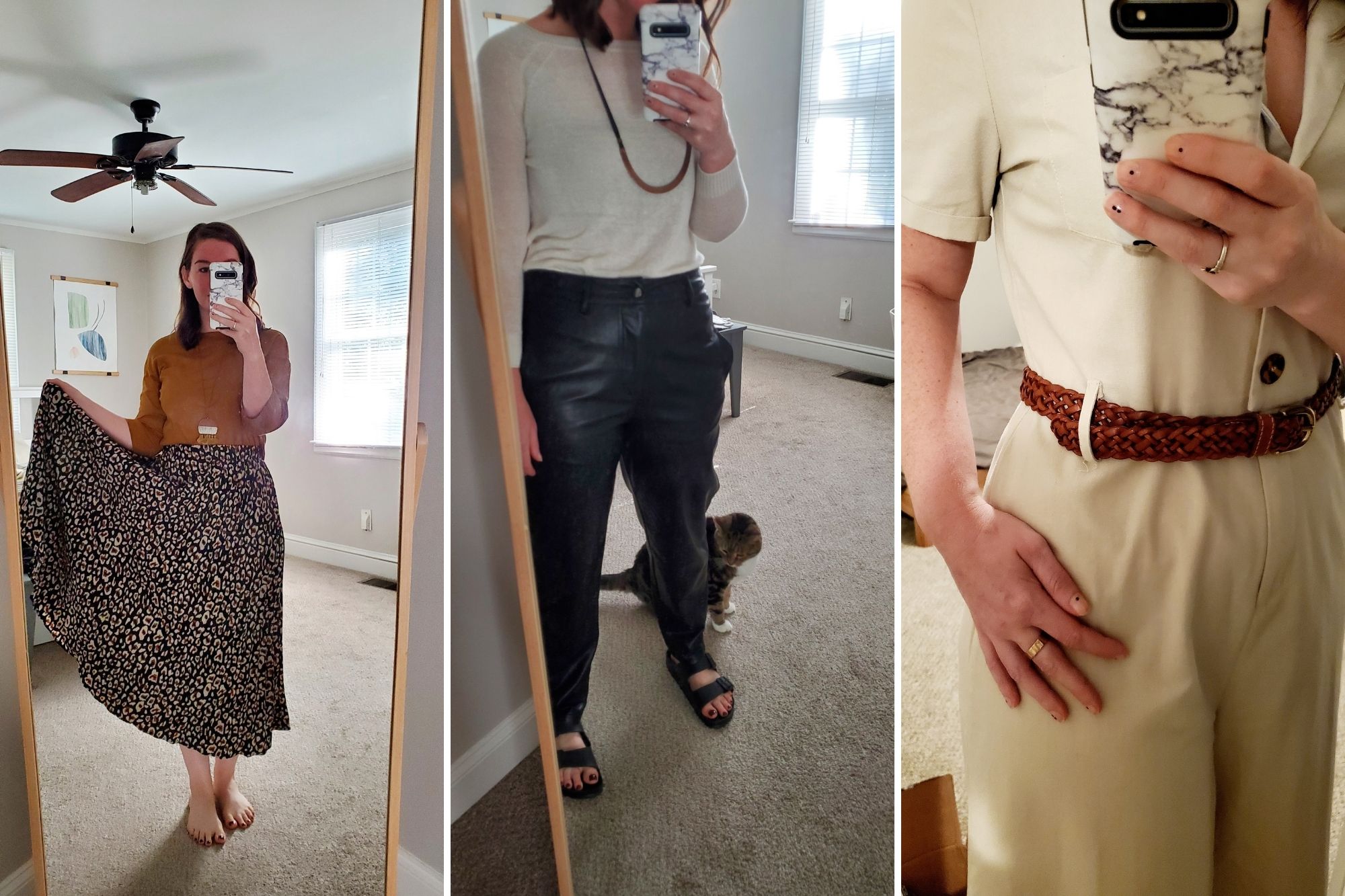 Three images in a collage. In the first, Krystal is wearing a brown tee and a black and brown sweater. In the second she is wearing a white sweater and black faux leather pants, in the third she is wearing a tan jumpsuit with a brown belt. All three photos are taken in front of a mirror.