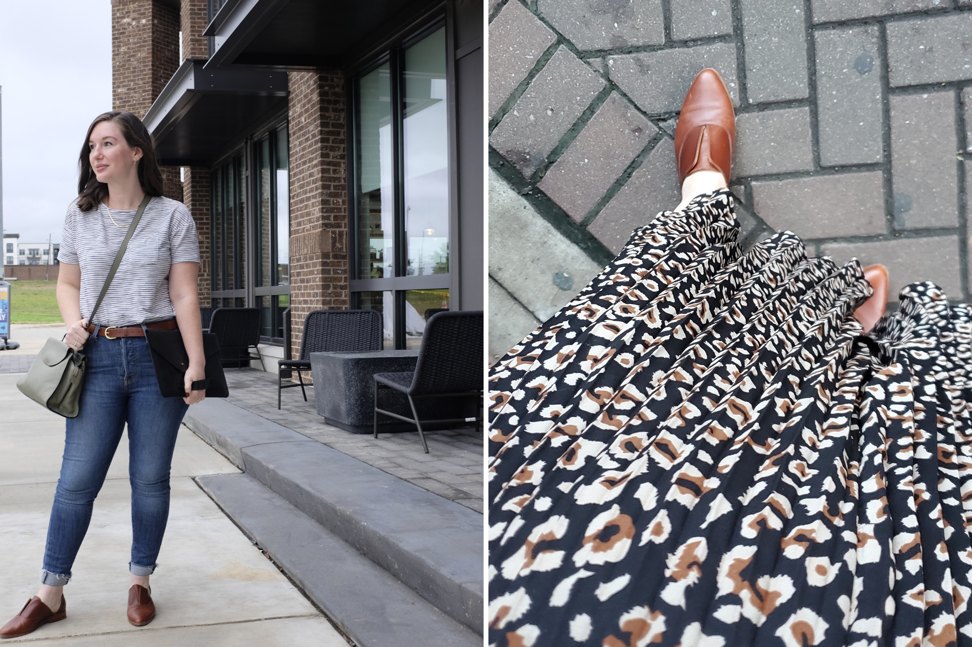 Grid of two images: Alyssa standing in front of a coffee shop wearing a black and white striped tee and jeans, and a photo of Alyssa's skirt and a pair of brandy colored d'orsay shoes