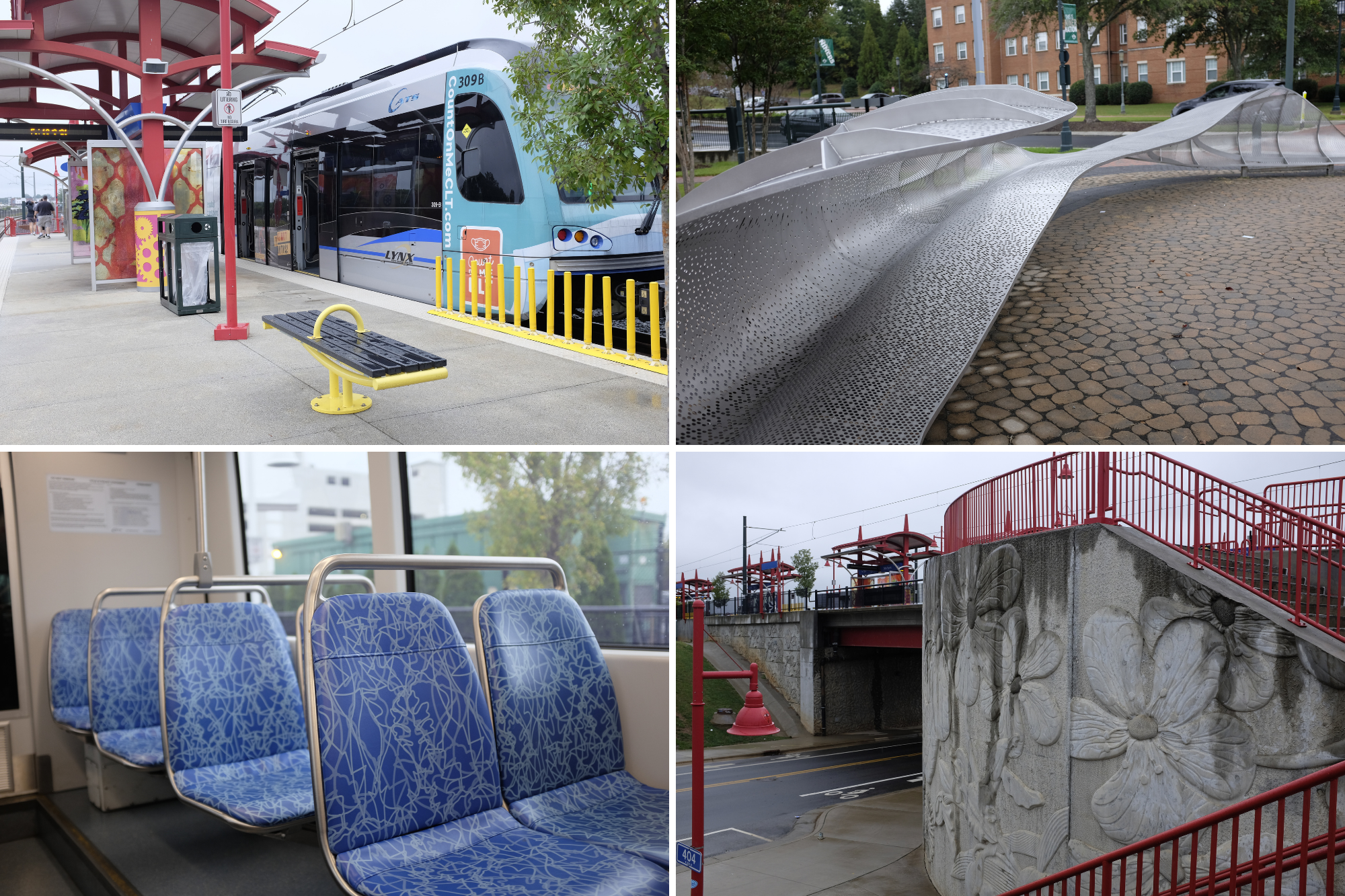 Collage of Charlotte's light rail train, a steel wavy bench, seats on the train, and a concrete relief of flowers