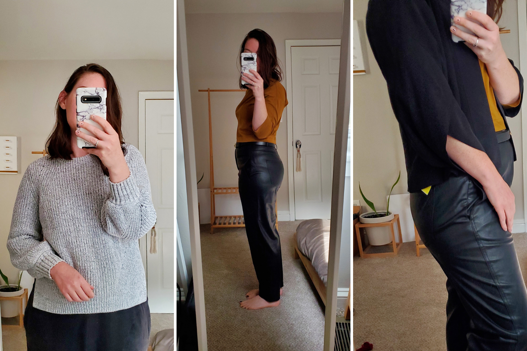Three images of Alyssa in front of a mirror. In the first she is wearing an oversized grey sweater. In the second she is wearing black faux leather pants and a brown tee. In the third she is wearing a black silk jacket with a tulip sleeve