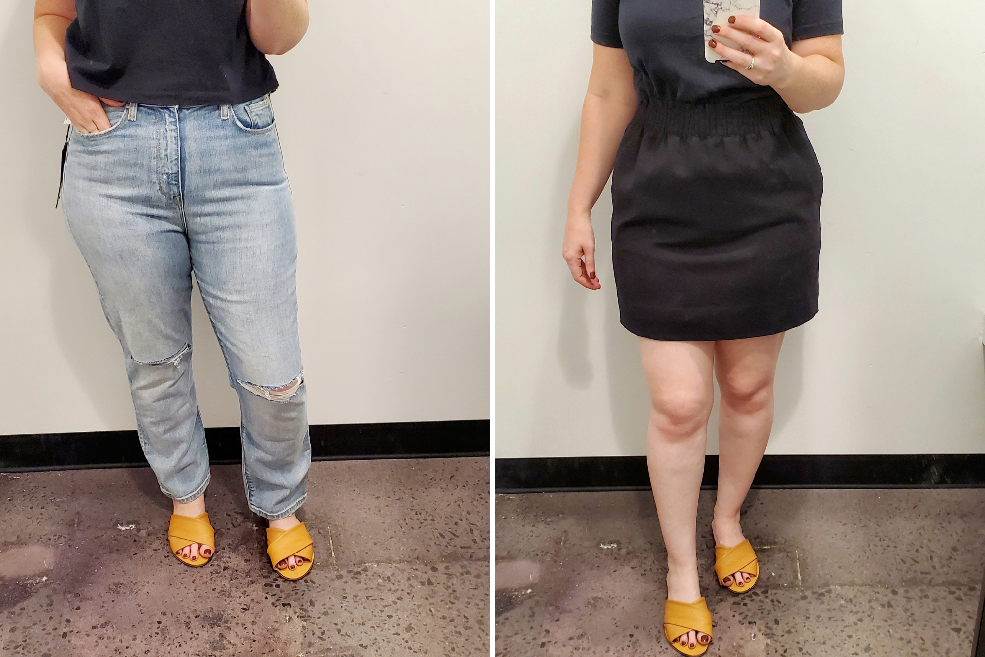 Alyssa is in a fitting room. In the left photo she is wearing a black tee, light blue denim, and orange-brown sandals. In the right photo she is wearing the same tee and sandals but with a black wool skirt. The pictures only show the waist-down.