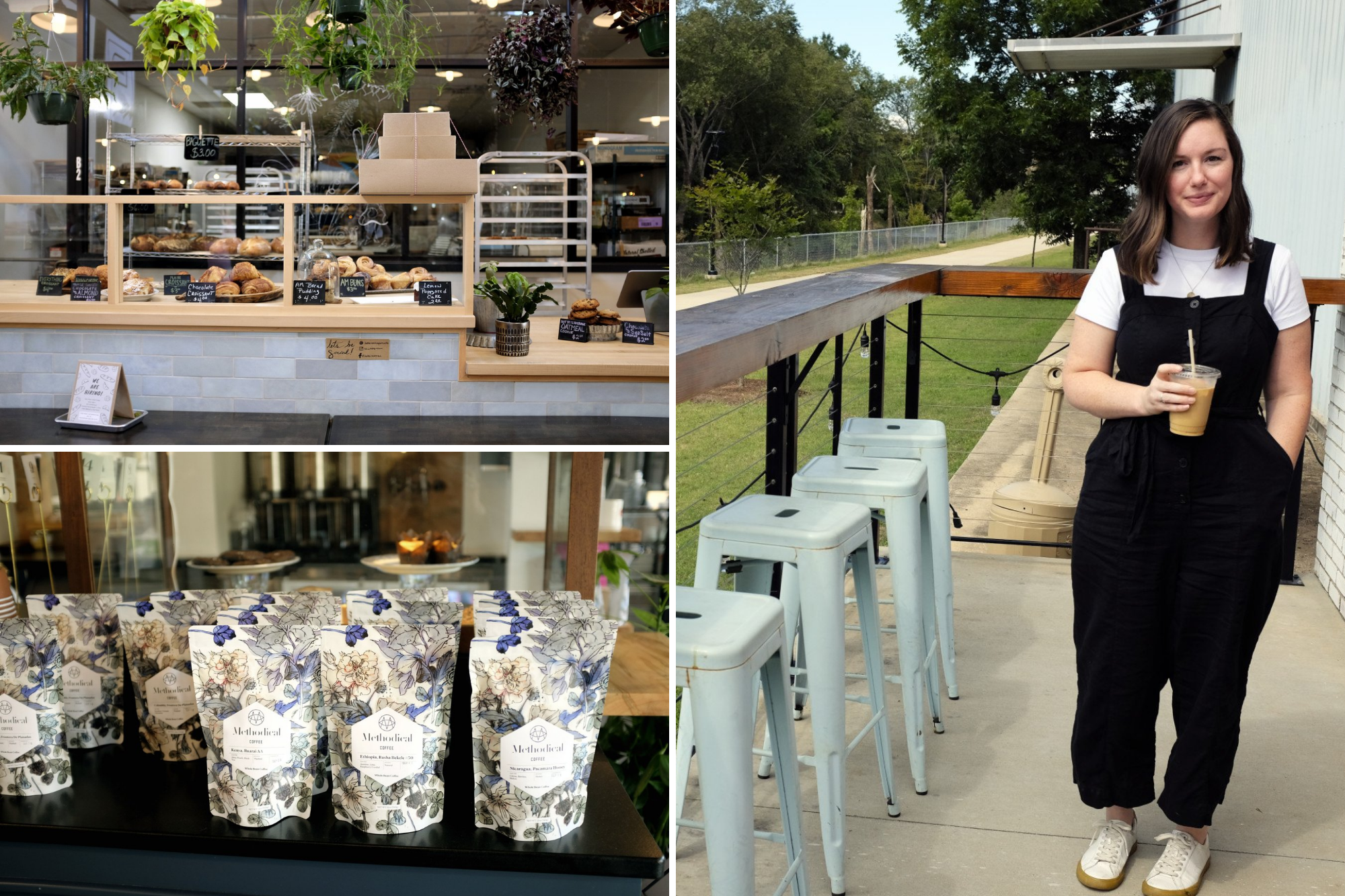 Collage Photo of three image, clockwise from top left: an assortment of pastries behind a glass screen, Krystal wearing a white tee and a linen jumpsuit while holding an iced coffee, and bags of coffee beans