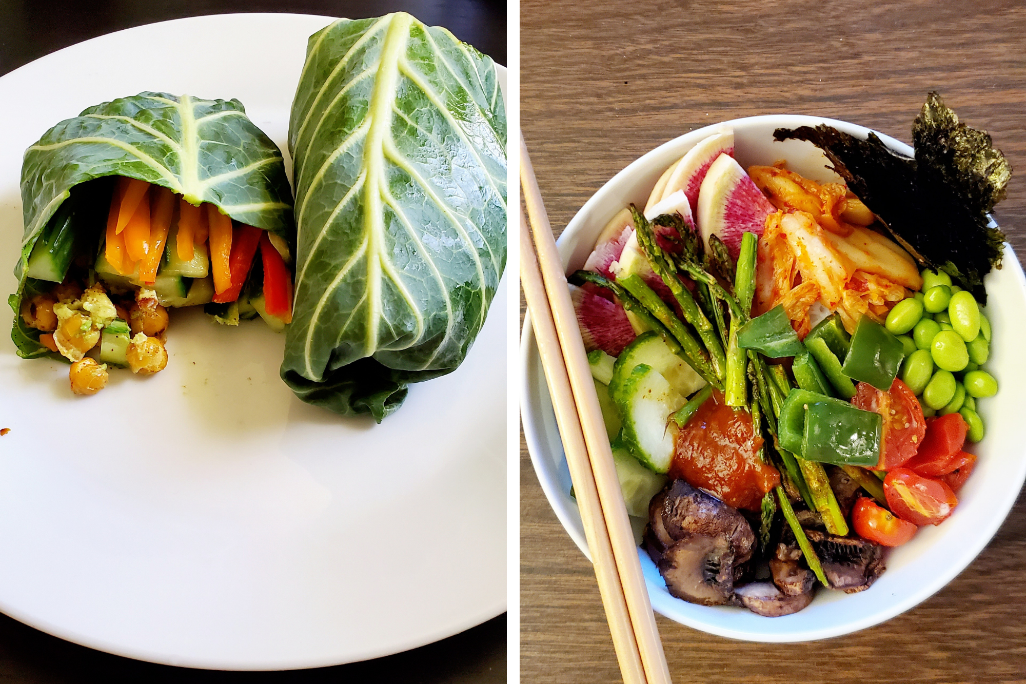 Left: a collard wrap containing veggies and chickpeas; right: a rice bowl covered in veggies like radishes, kimchi, asparagus, mushrooms