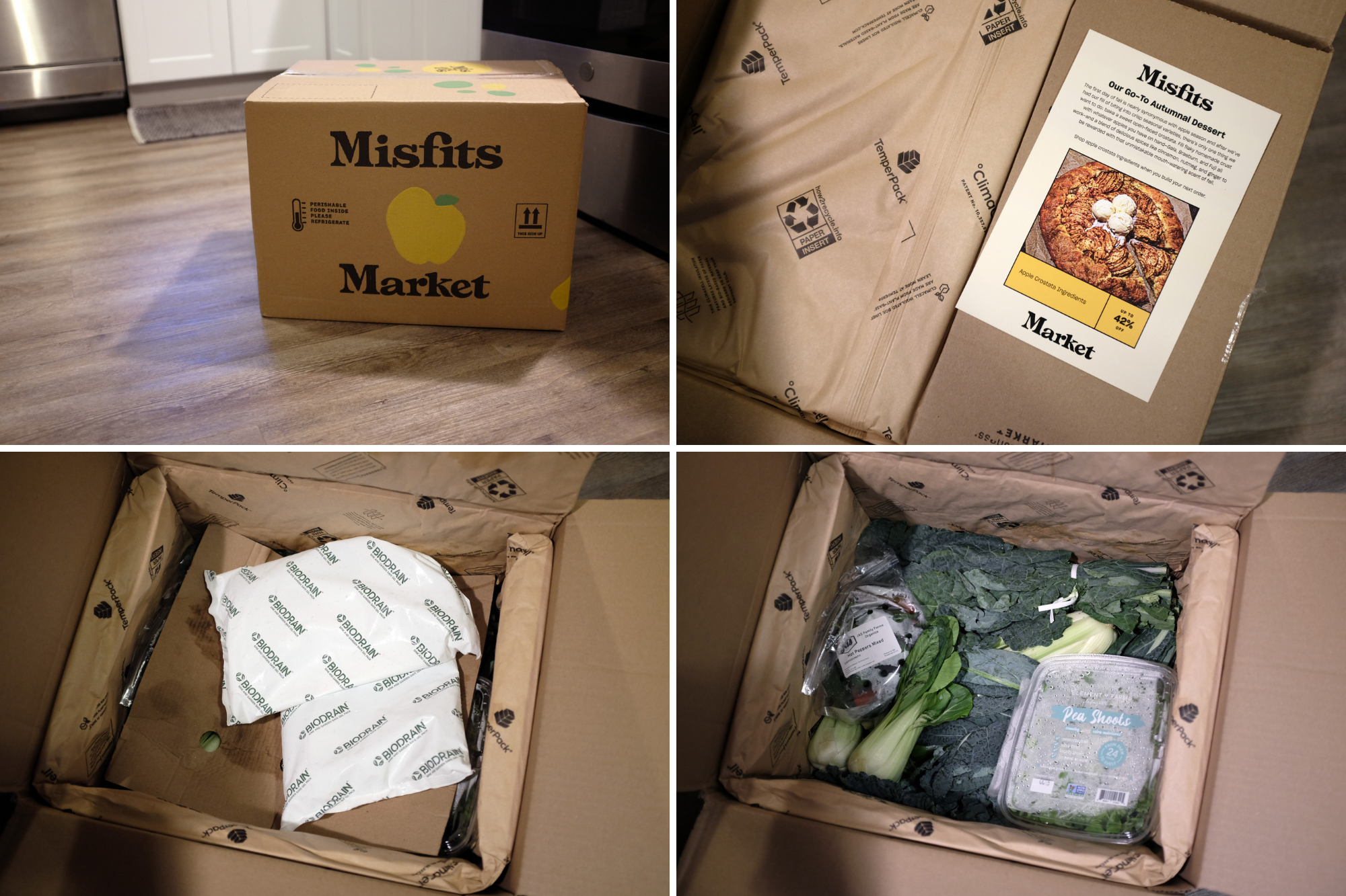 Collage of packaging: showing the exterior of the box, a recipe card, the ice packs, and the produce inside