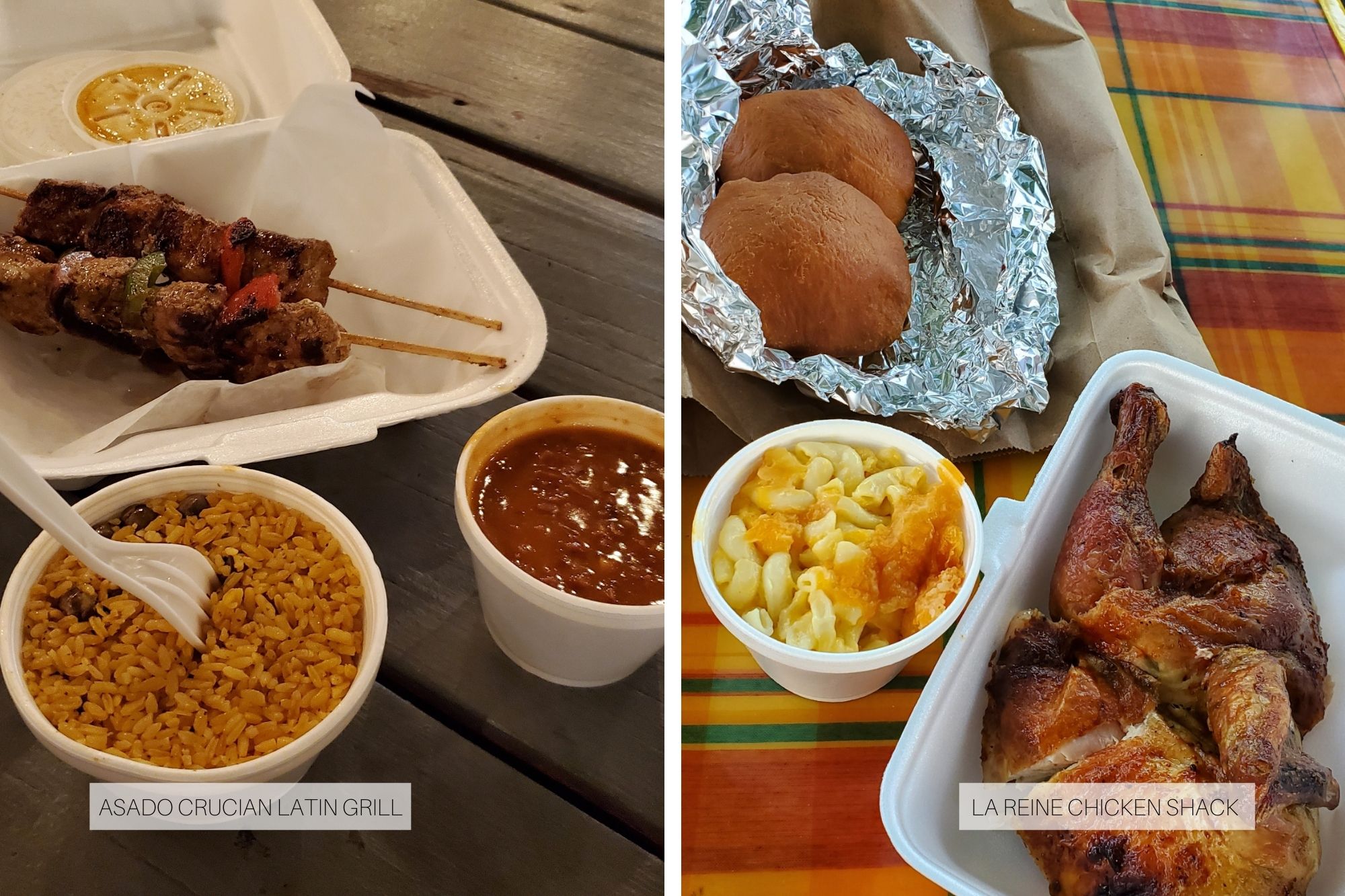 Left: skewers of meat on a tray with containers of rice and beans; right: roasted chicken with mac and cheese and two johnnycakes