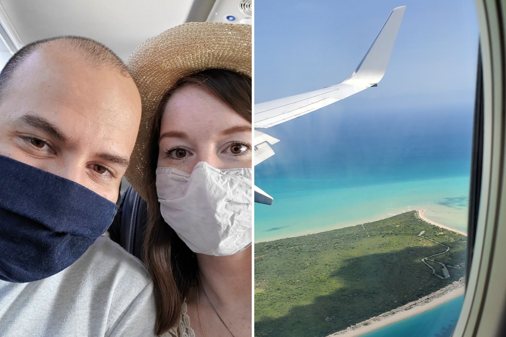 Left: Alyssa and Michael on the plane wearing masks; right: the view of St. Croix from the window - it's very green and the waters are turquoise 