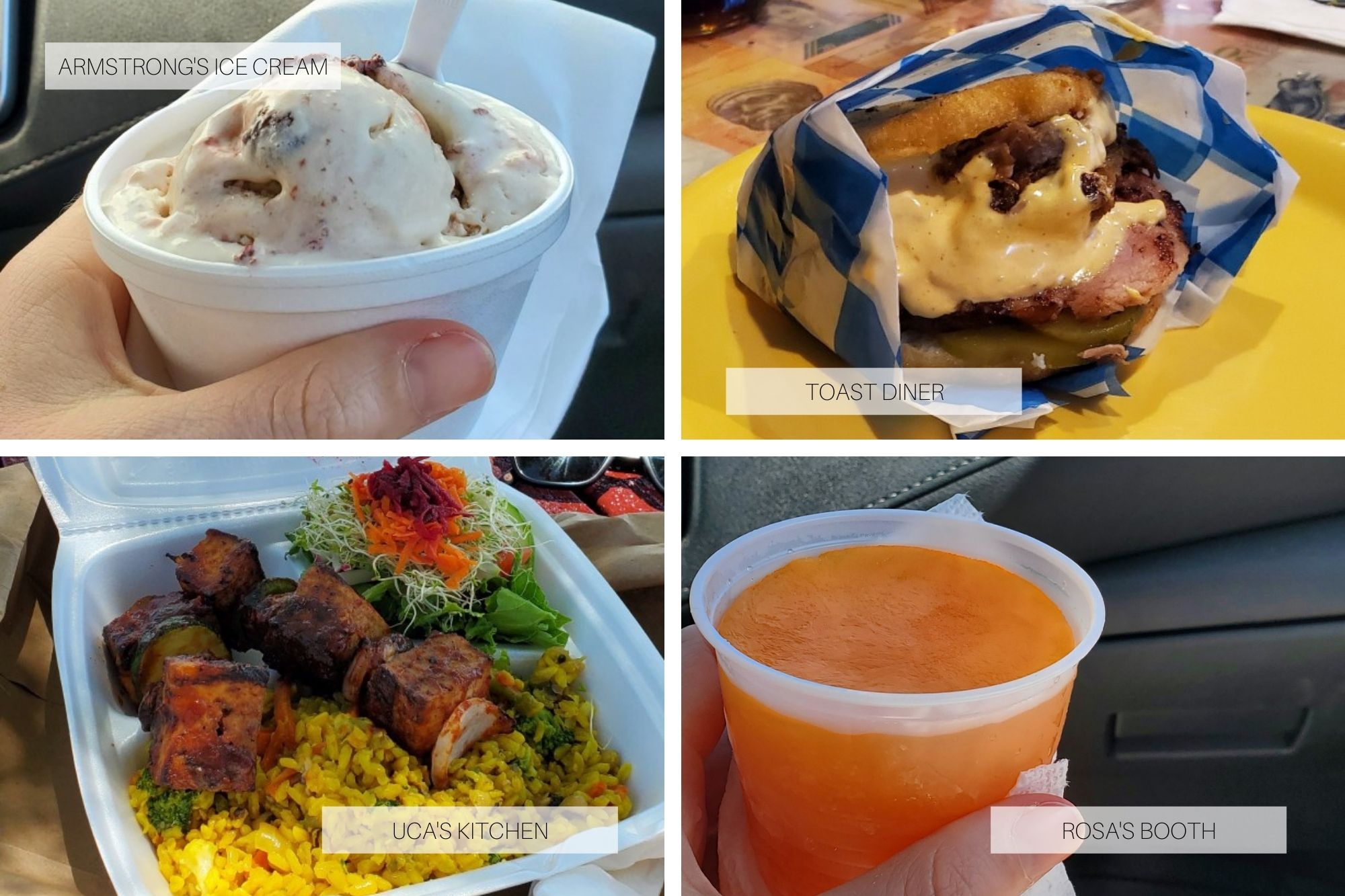 A cup of ice cream; an arepa with fillings; an orange ice pop in a plastic cup; a tray of rice with tofu and salad