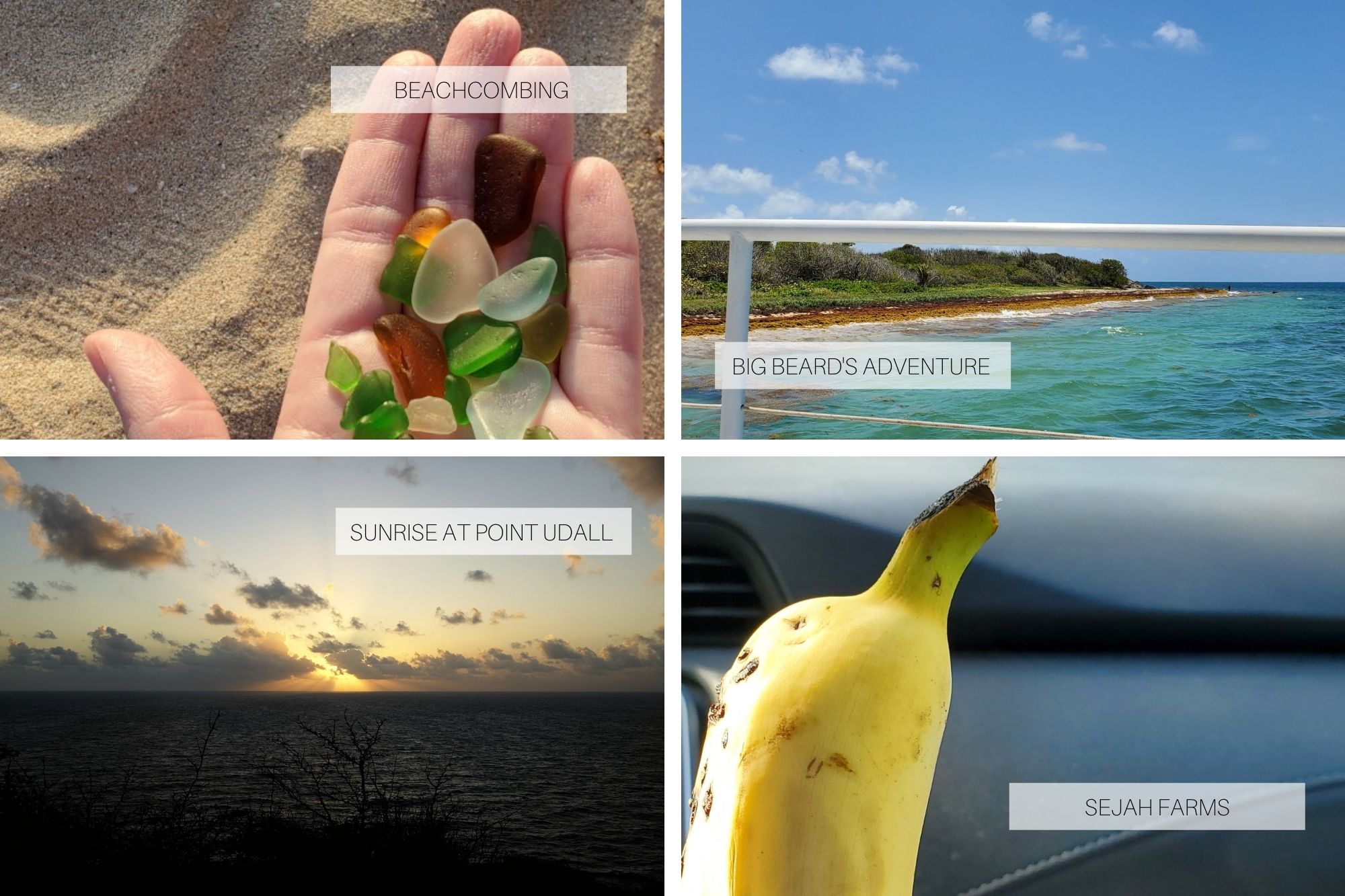 A collage of photos taken in St. Croix: sea glass, a tour boat, a sunrise, and a banana