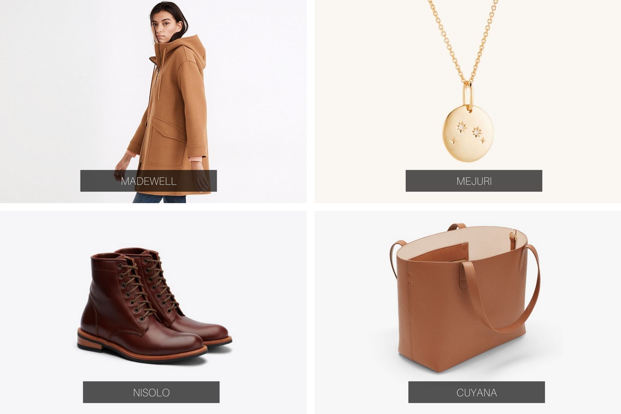 Collage of a camel coat, a gold pendant necklace, a pair of brown boots, and a camel tote