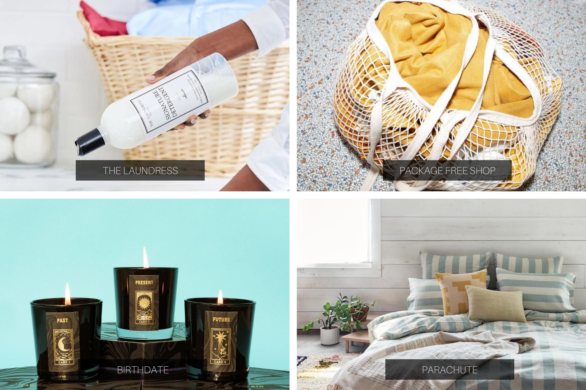 Collage of home images: laundry detergent, a mesh bag, a cozy bed with lots of blankets, and a trio of black candles