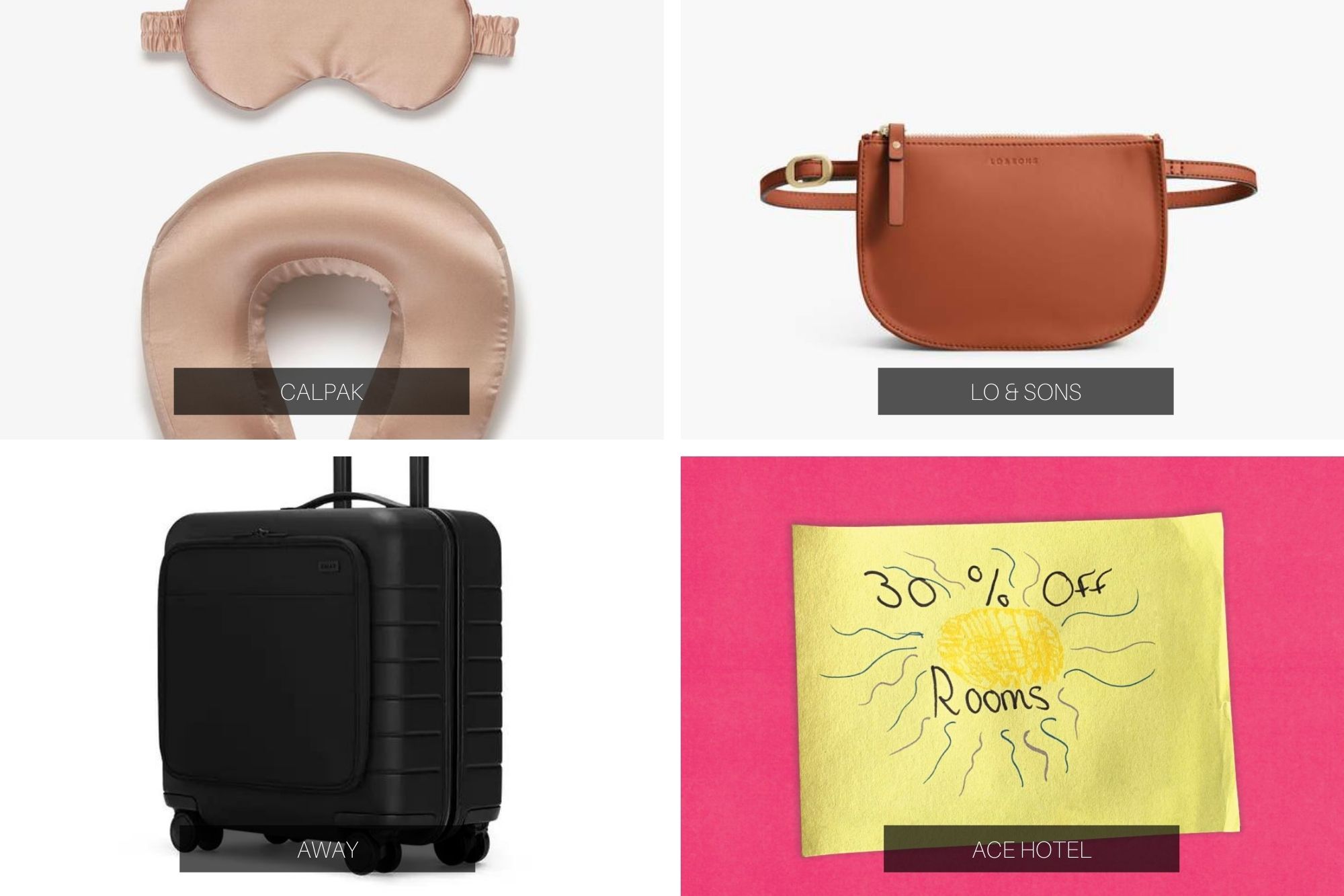 Collage of travel-themed deals: rose gold travel pillow and eye mask; brown leather belt bag, a sign on a door that says 30% off rooms, and a square rolling suitcase