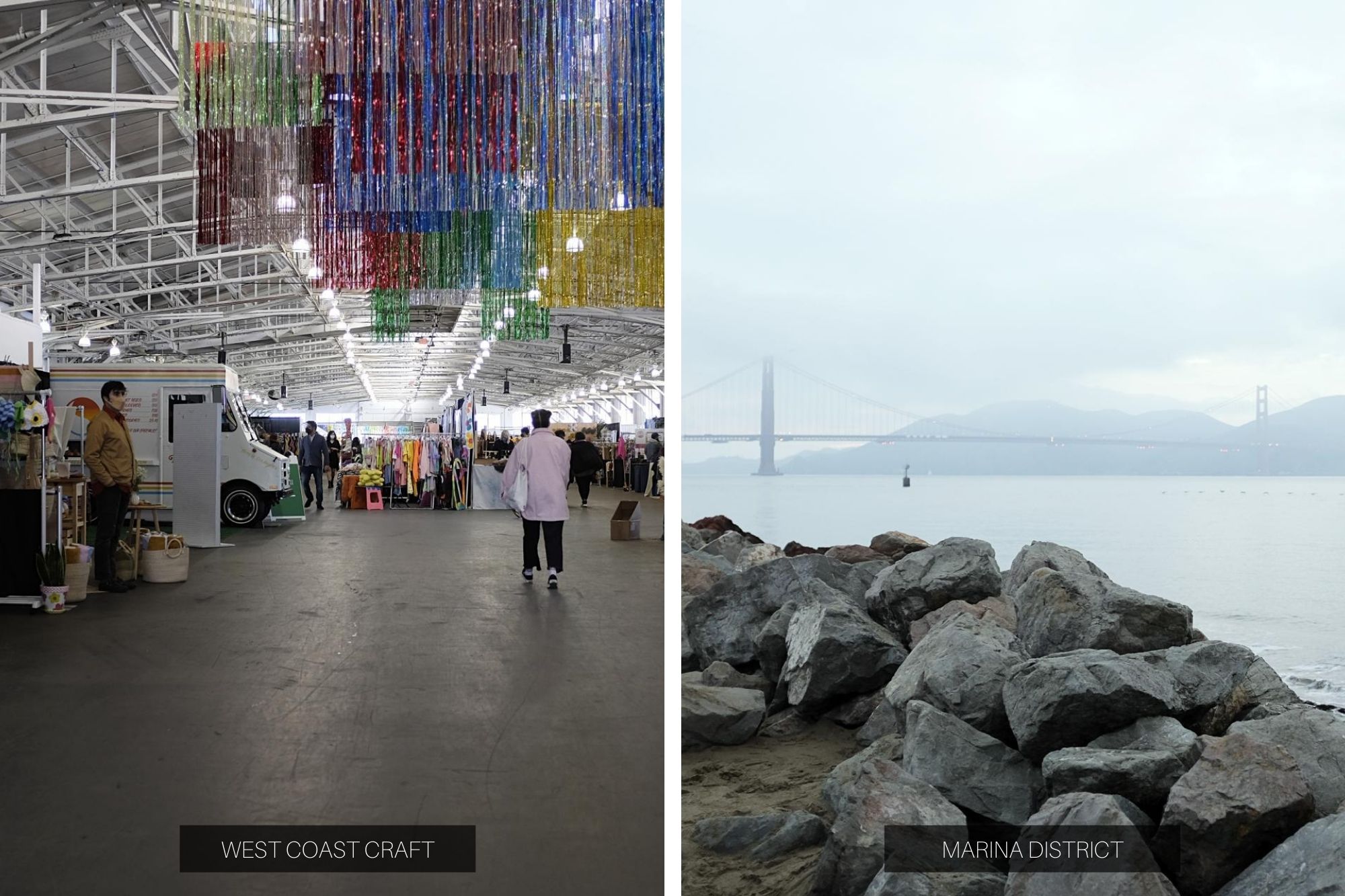 Collage: colorful interior of West Coast Craft, and a view of the Golden Gate Bridge in the fog