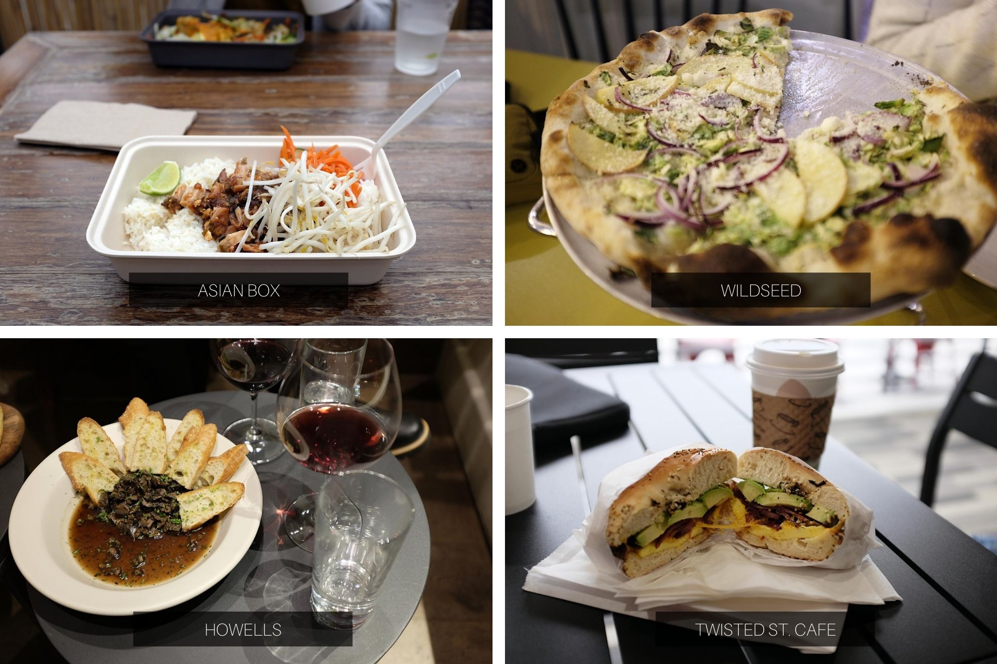 Collage: Rice bowl from Asian Box, Pizza from Wildseed, Mushroom crostini from Howells, and a bagel sandwich from Twisted St. Cafe