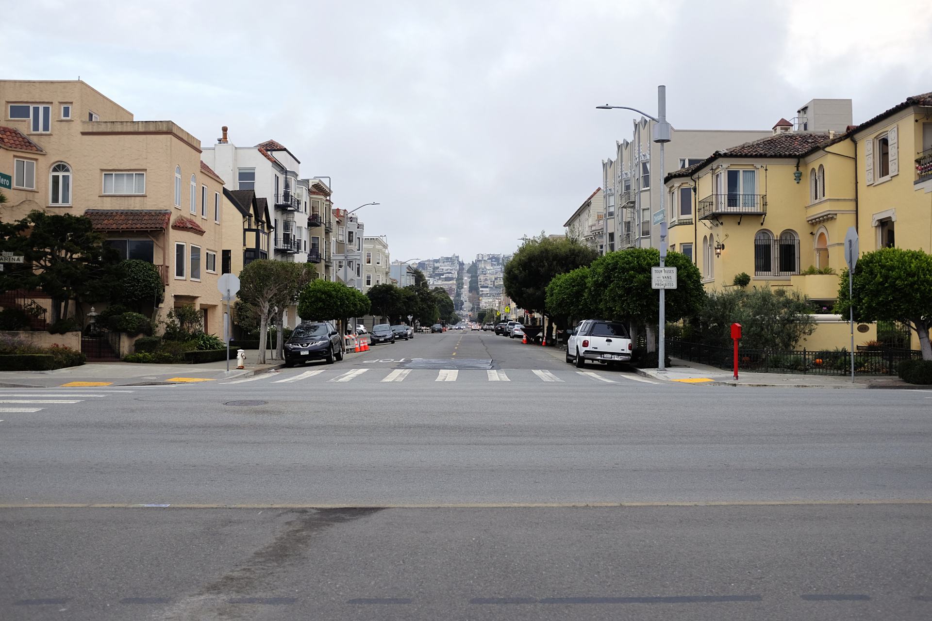 A view of a typical street in San Francisco - the road is very steep!