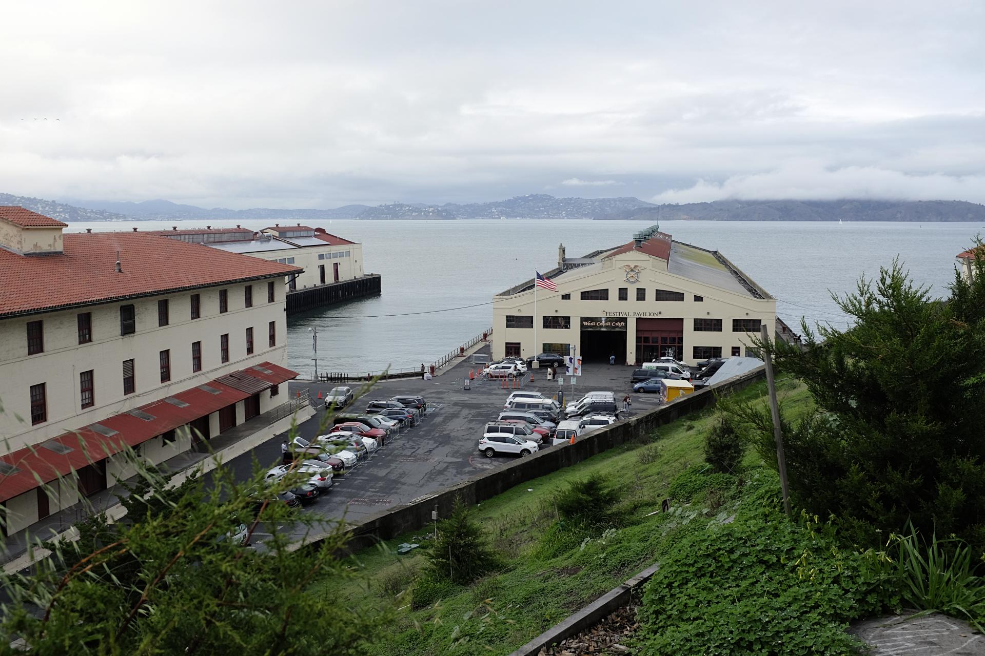 Exterior of Fort Mason Center with a sign announcing West Coast Craft on the front