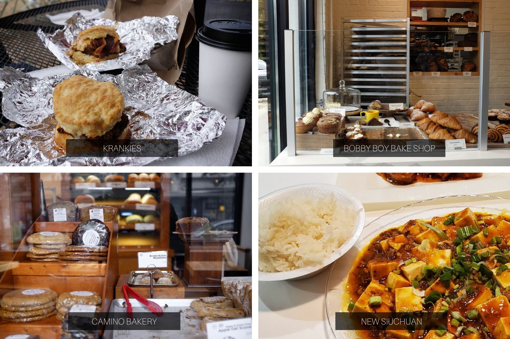 Collage of Food in Winston-Salem: Chicken biscuits at Krankies, Pastries at Bobby Boy Bake Shop, Treats and Sweets from Camino Bakery, and Ma Po Tofu from New Siuchuan