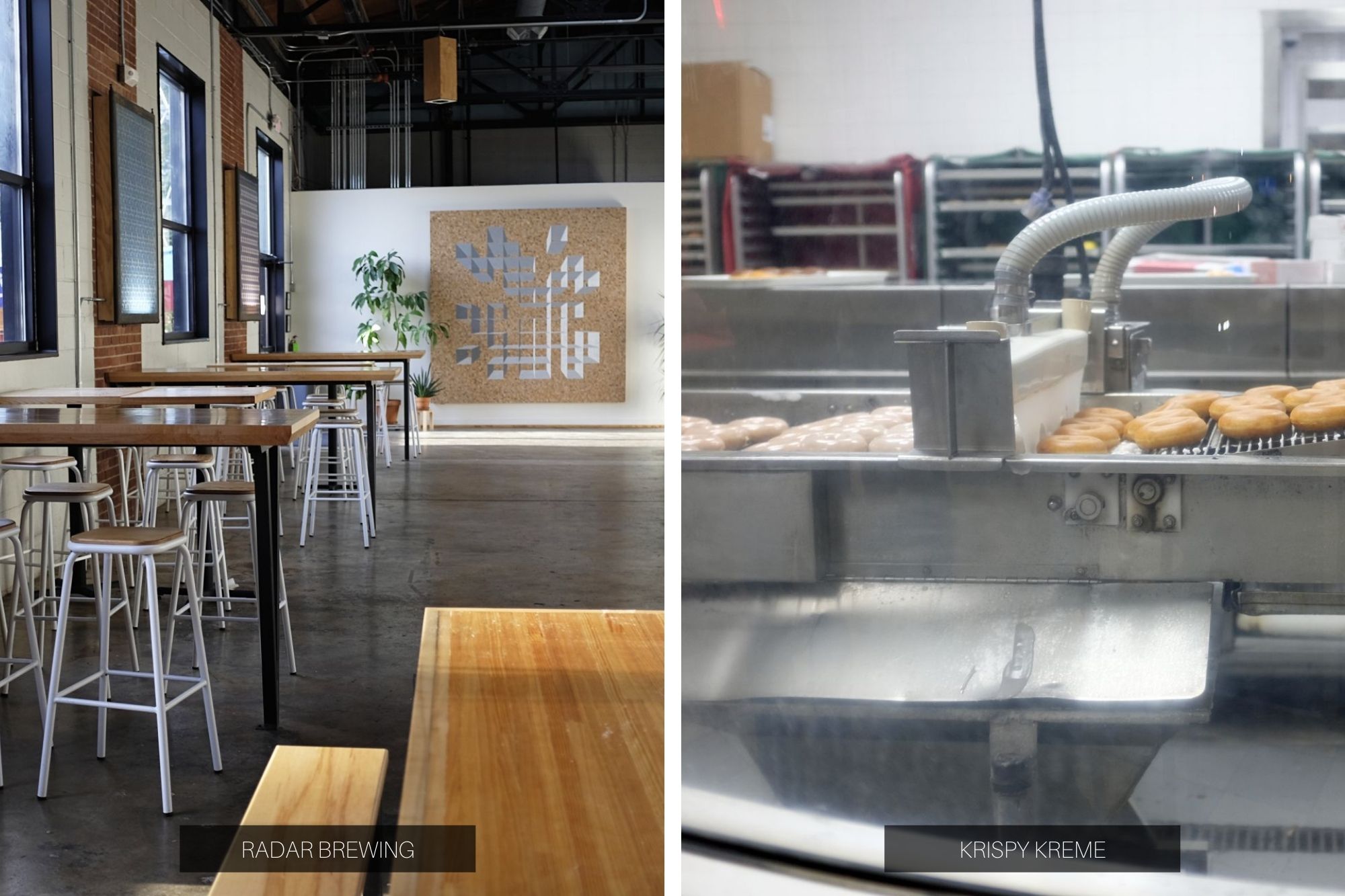 Collage: Radar Brewing interior, and Krispy Kreme production line
