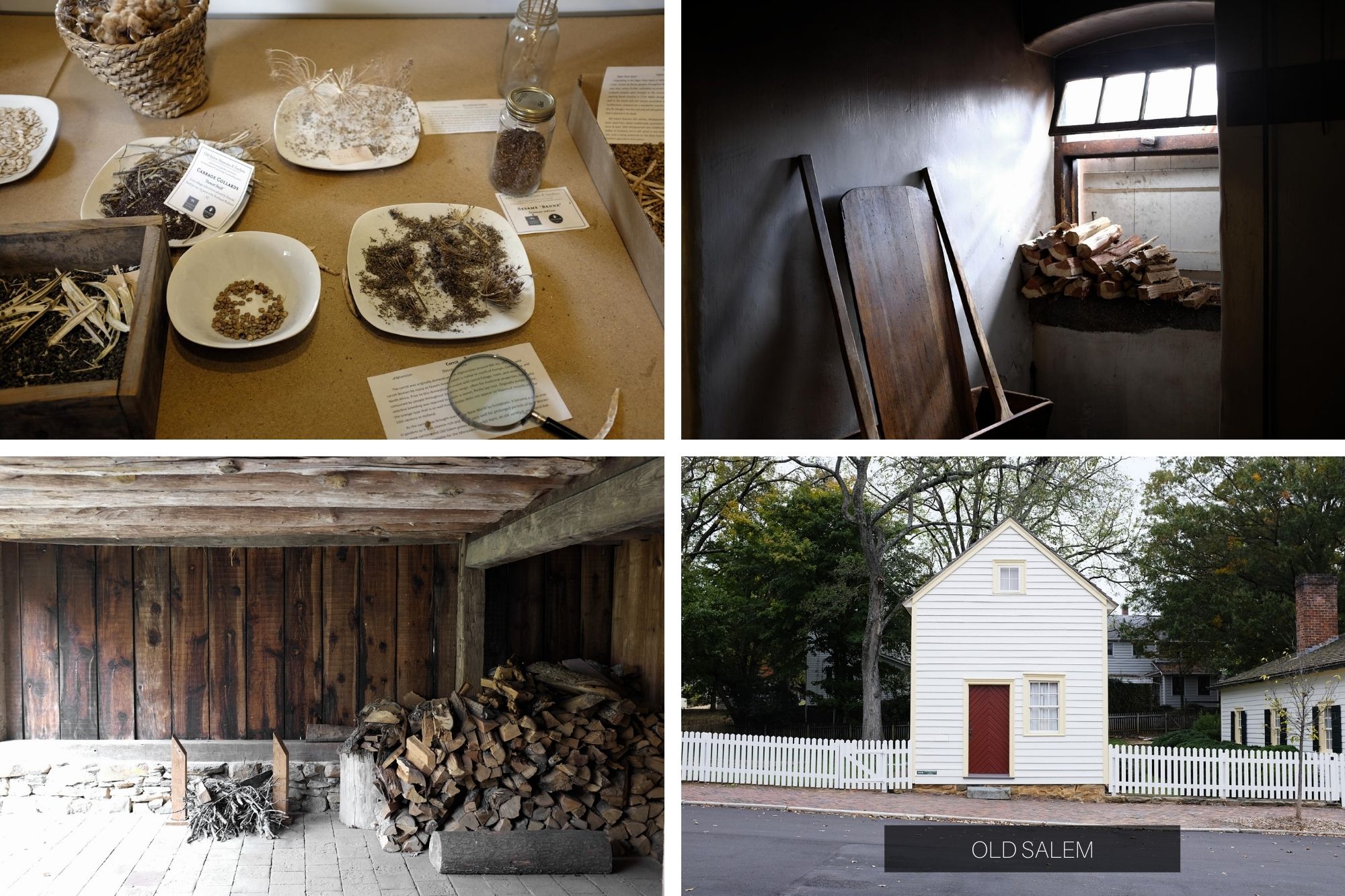 Images from Old Salem: Seed storage, bread baking hearth, firewood, an old white house