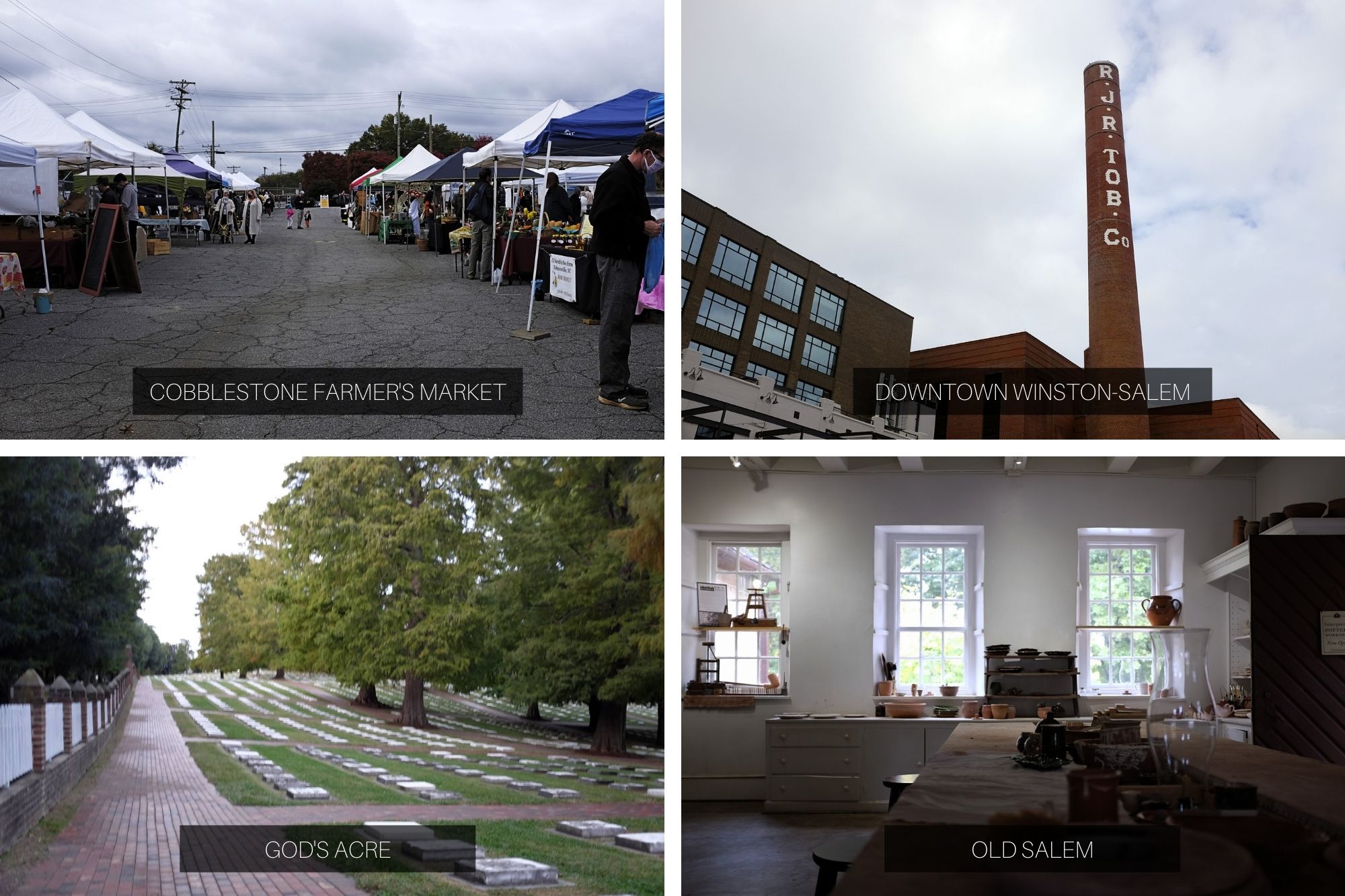 Collage: farmer's market, downtown WS, God's Acre Cemetery, Old Salem Pottery Workshop