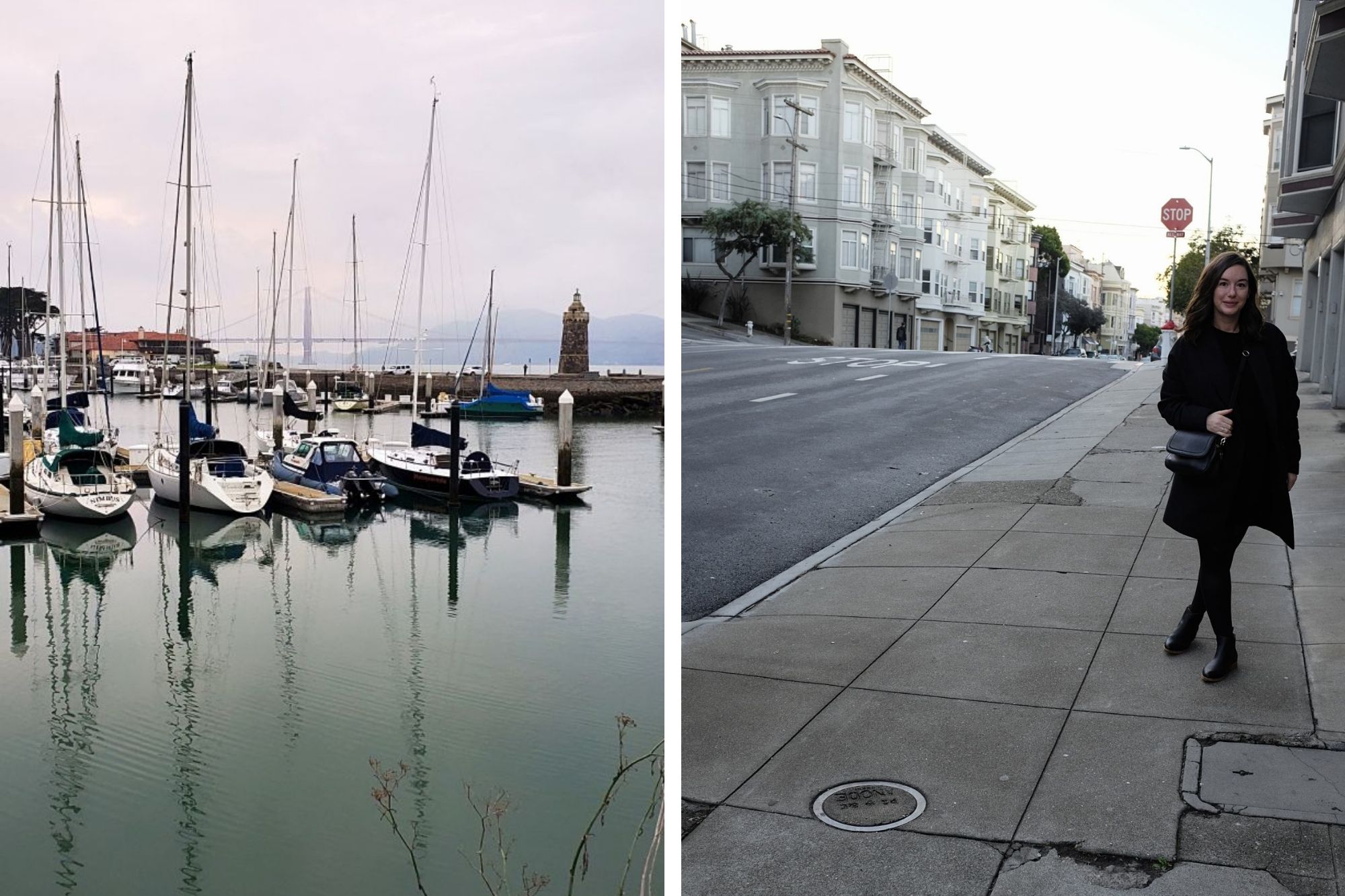 left: boats in the SF bay, right: Alyssa on the sidewalk, facing the camera