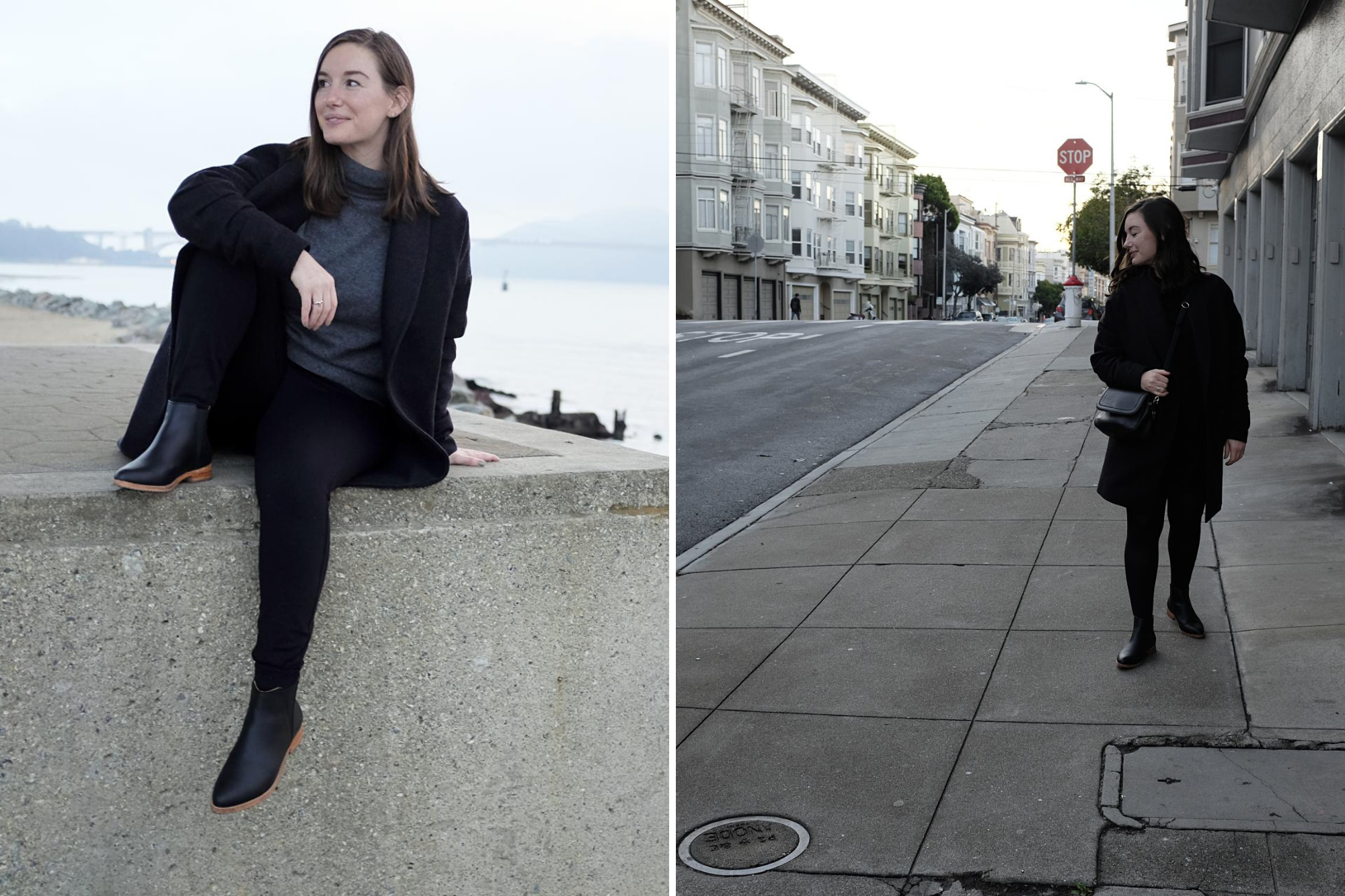 Two images. Image one: Alyssa sitting on a concrete wall in front of the golden gate bridge, wearing a grey sweater, black pants, black boots, and a charcoal coat. Image two: Alyssa standing on a street sidewalk wearing all black