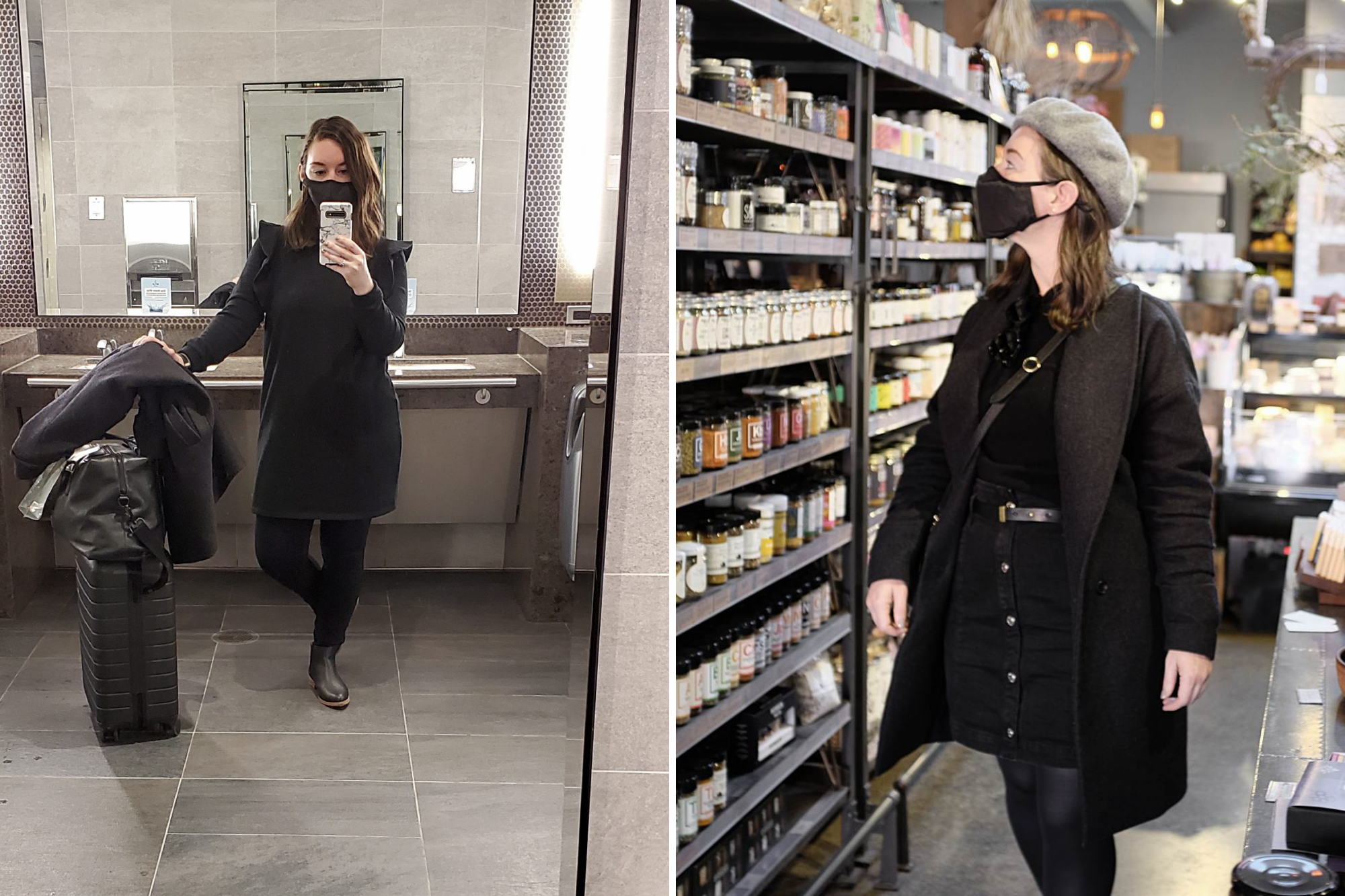 Two images. Image one: Alyssa in a large mirror with her suitcase at the airport. She is wearing a black dress with ruffles at the shoulders, black pants, and black boots. And a face mask. Image two: Alyssa in a shop, she is wearing a black turtleneck, black denim skirt, black belt, black tights, grey coat, and a grey beret