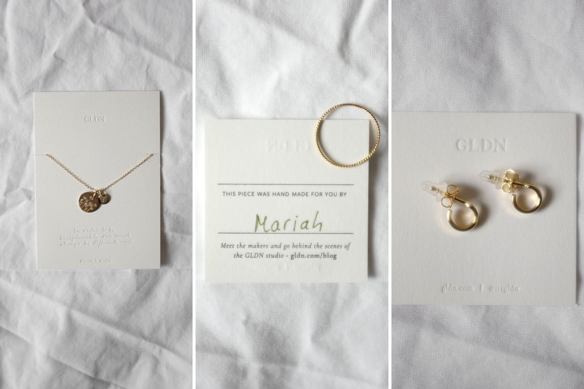 collage of three items on their jewelry cards: the poppy necklace, aire ring, and minnie huggie hoops