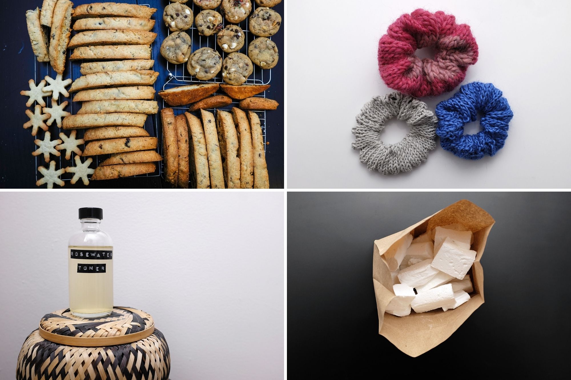 collage: tray of cookies, three knit scrunchies, rosewater toner, and a paper bag filled with marshmallows