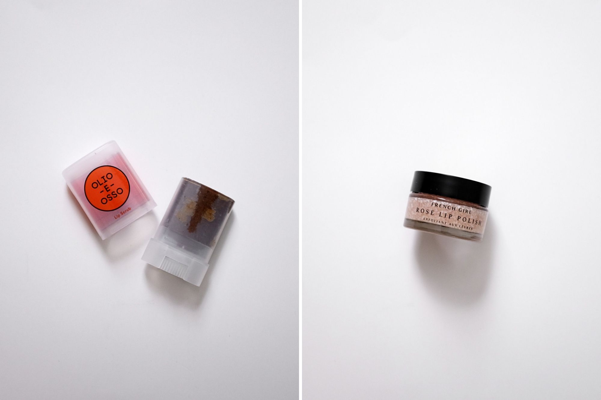 Open tube of Olio e Osso lip scrub, and a closed mini-tub of French Girl Rose Lip Polish