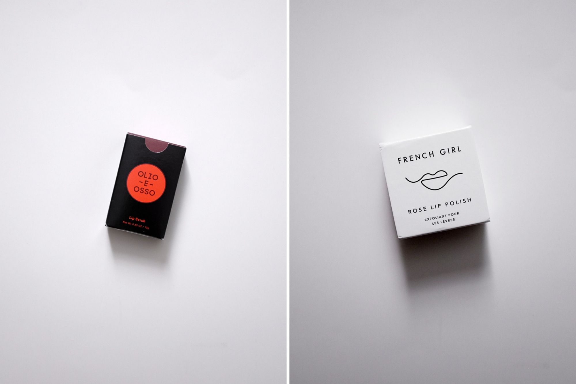 Two small boxes on a white background. On the left is a white box that reads "FRENCH GIRL rose lip polish" with an abstract lip line drawing. On the right is a black box with a red circle which has "Olio e Osso" printed in it