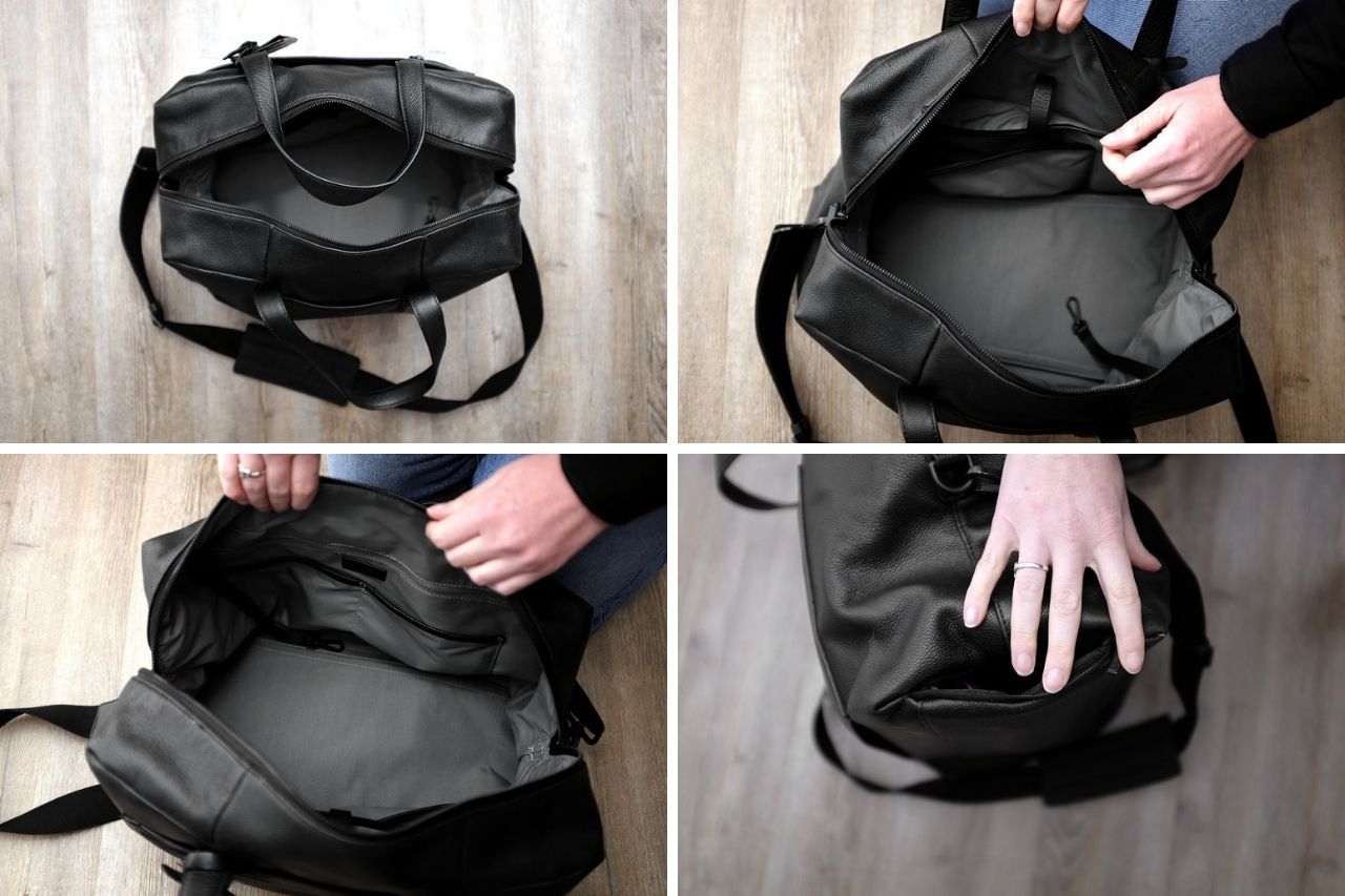 Collage of images showing all of the pockets on the Everywhere bag