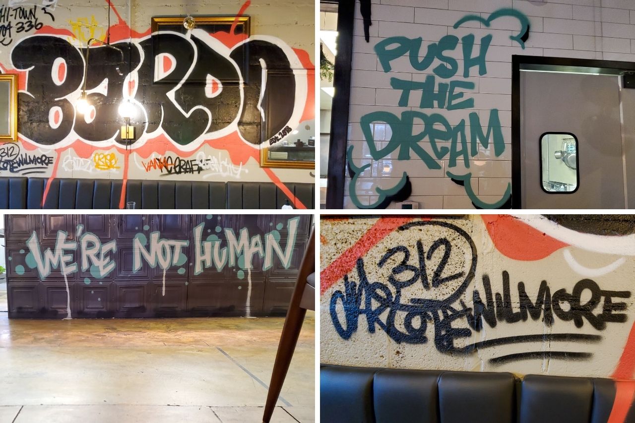 Collage of interior of Bardo, showing some of the graffiti. Words include "BARDO" "Push the dream" "We're not human" and "Charlotte"