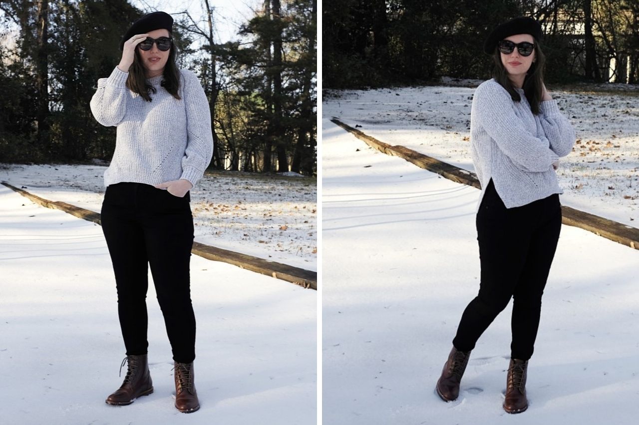 Two images of Alyssa standing in the snow wearing a beret, grey sweater, black skinny jeans, and a pair of brown lace up boots