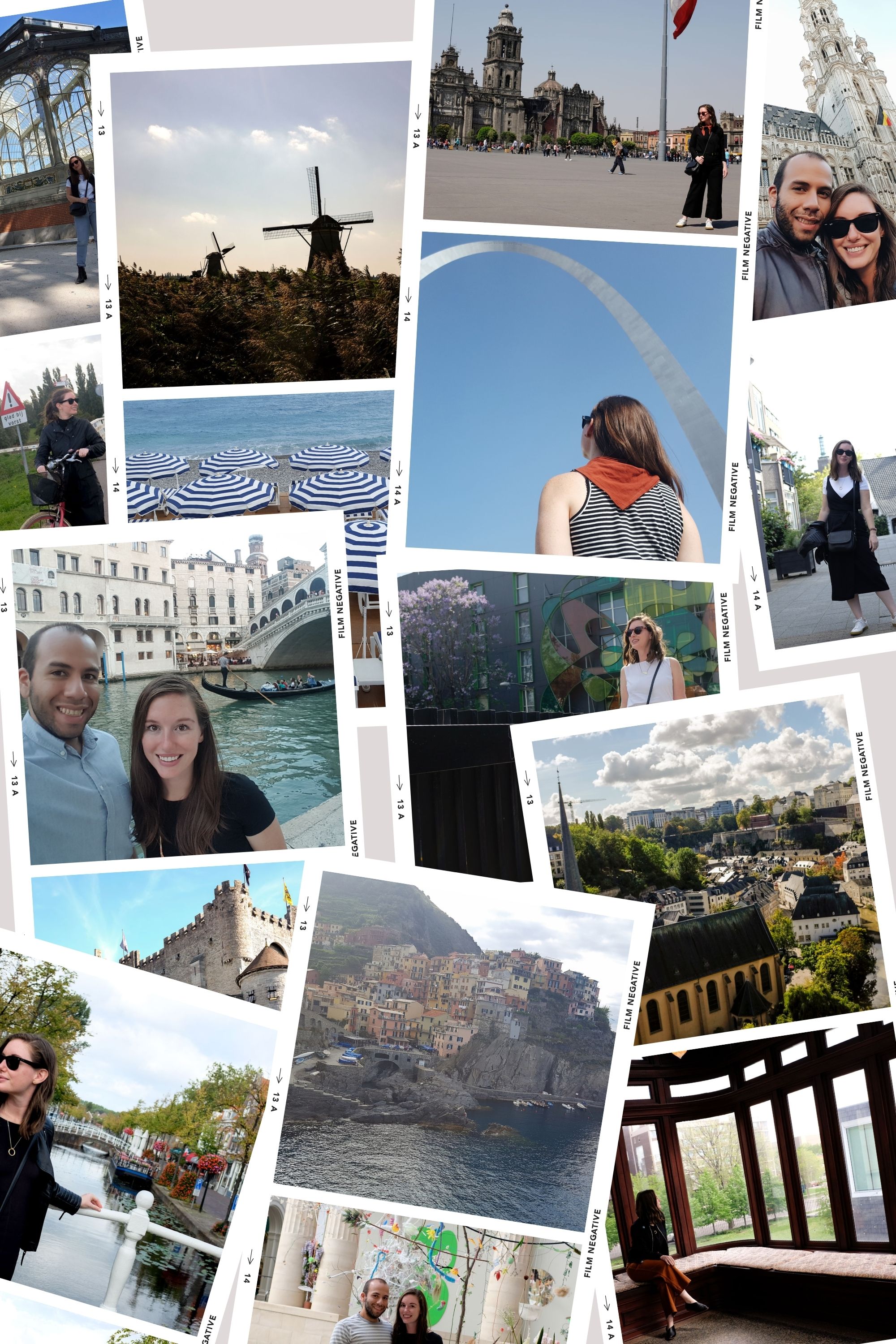 Collage of travel photos from places like Venice, St. Louis, Amsterdam, Nice, Luxembourg, etc. Alyssa and Michael appear in some of the travel photos