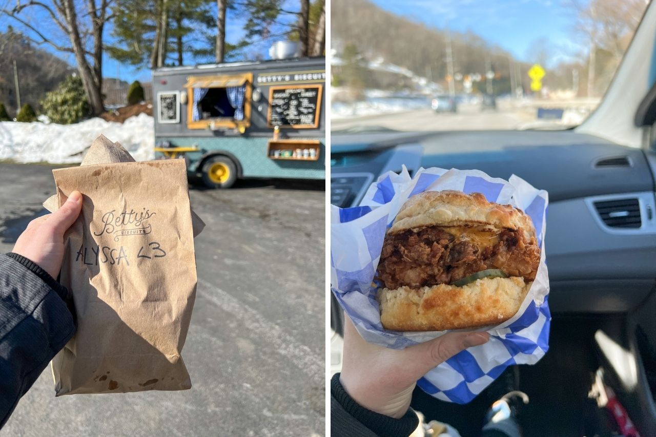 Collage: A paper bag that reads Alyssa <3 in front of a blue food truck; a hand holding a chicken biscuit in the car