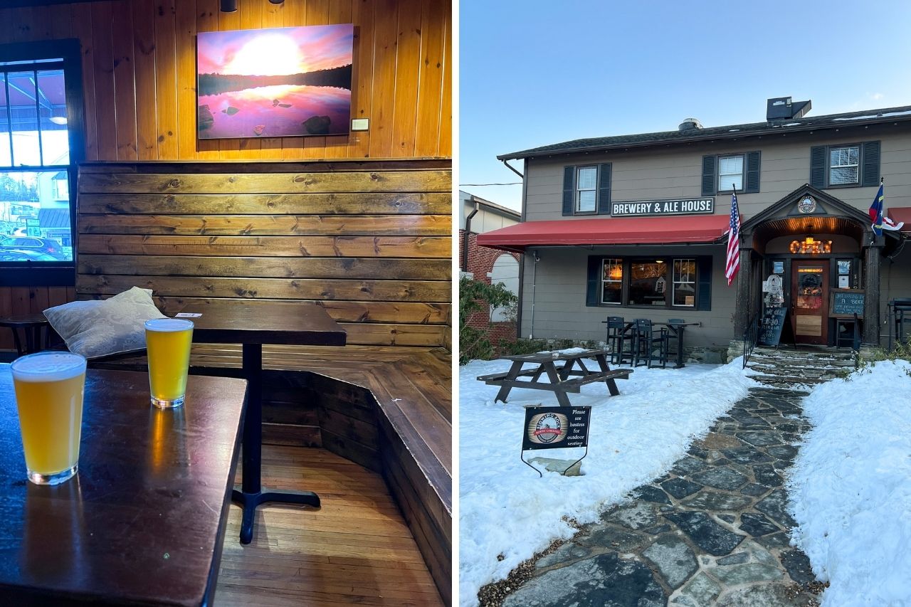 Interior of the brewery with two beers on a table; exterior of the ale house and inn