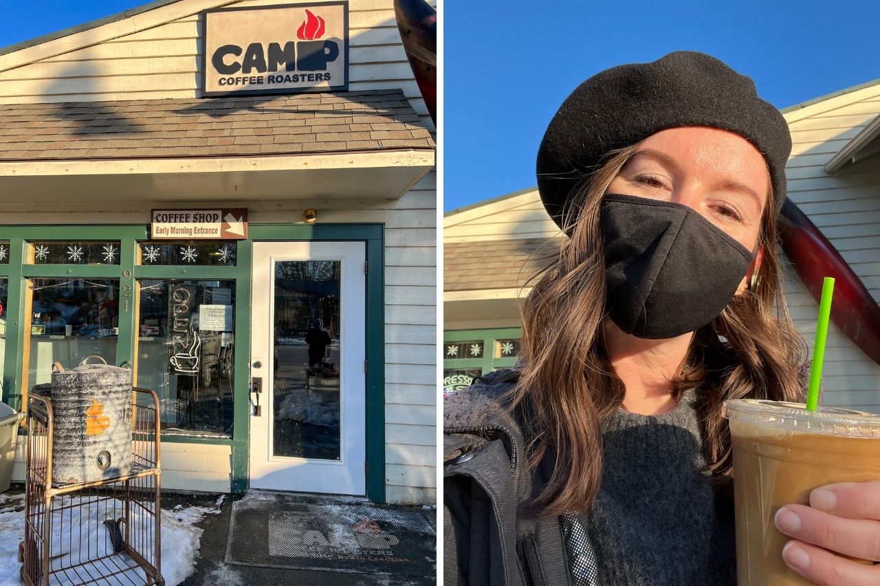 Collage: Exterior of Camp coffee, and an image of Alyssa holding a cup of cold brew