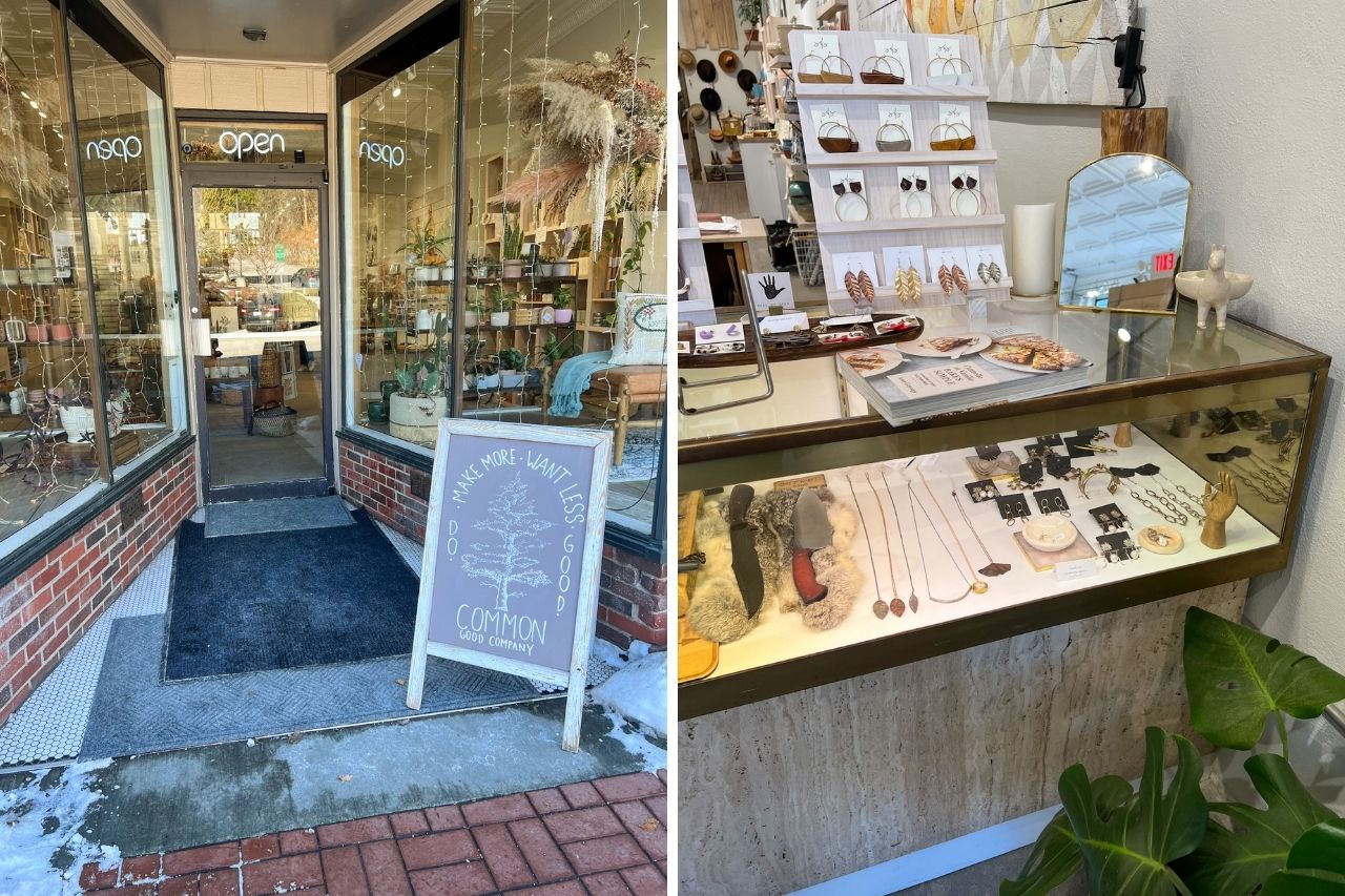 Collage of two images: Entrance of the shop and some jewelry