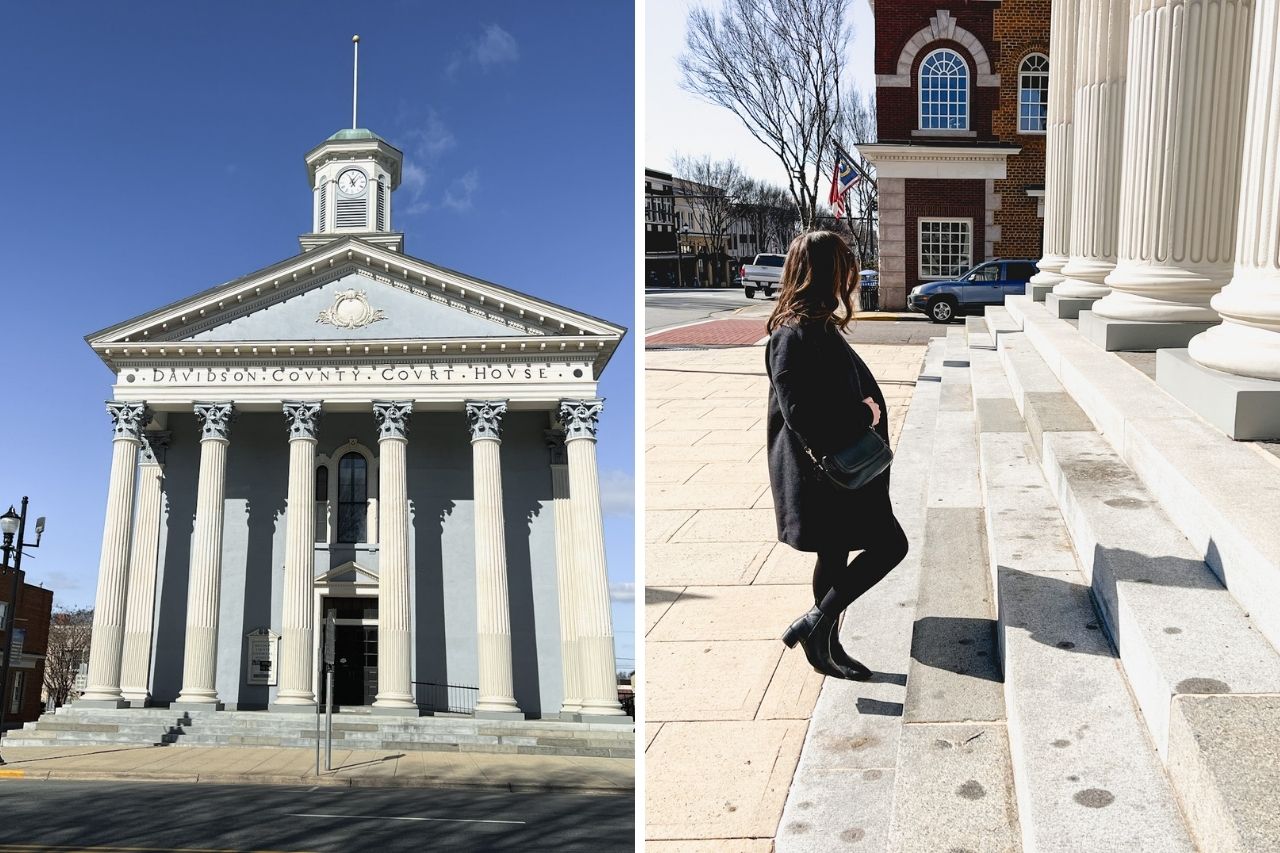 Left: Image of the courthouse; right: Alyssa walking up the steps