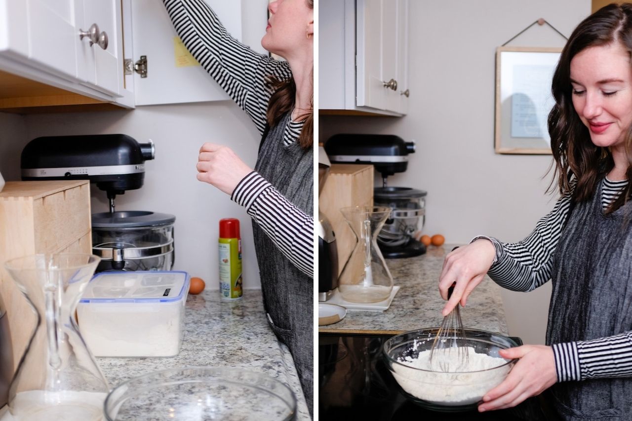 Collage of Alyssa reaching for ingredients and mixing flour with leavener