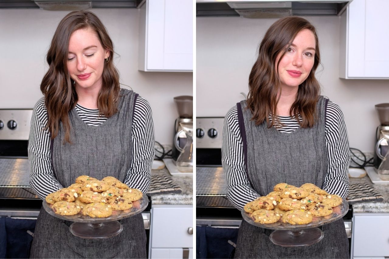 Two images of a white woman standing in front of an oven holding a tray of cookies